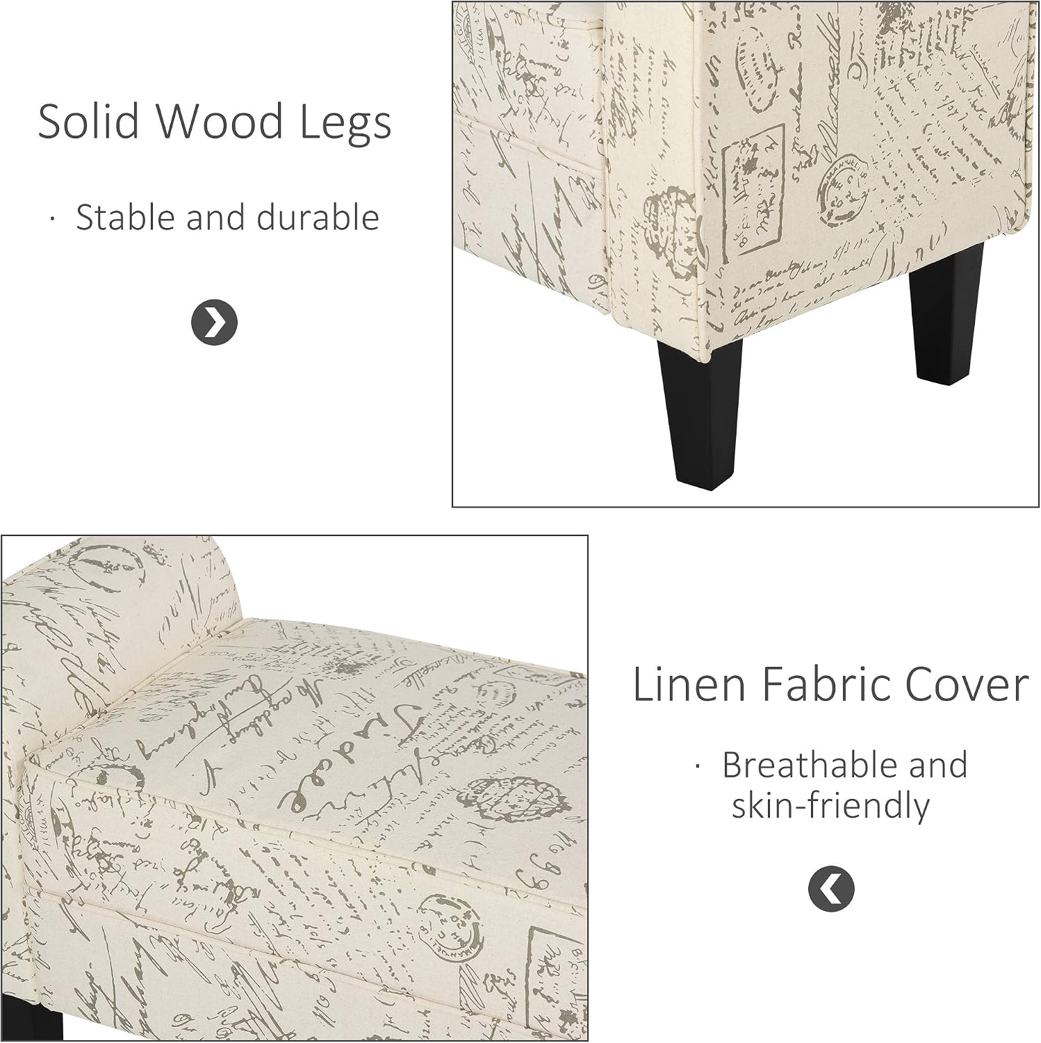 HOMCOM 41" Ottoman Bench, Modern Linen Armed Entryway Bench, Signature Print with Cream White Parchment Background