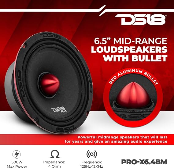 DS18 PRO-X6.4BM Loudspeaker 6.5 Midrange Red Aluminum Bullet 500W Max 250W RMS 4 Ohms - Speaker Wire 16GA 100 FT Included - Car Audio Door Speakers for Car or Truck Stereo Sound System - 2 Speakers