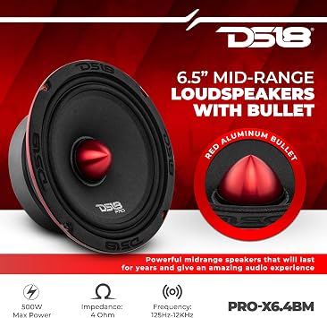 DS18 PRO-X6.4BM Loudspeaker 6.5 Midrange Red Aluminum Bullet 500W Max 250W RMS 4 Ohms - Speaker Wire 16GA 100 FT Included - Car Audio Door Speakers for Car or Truck Stereo Sound System - 2 Speakers