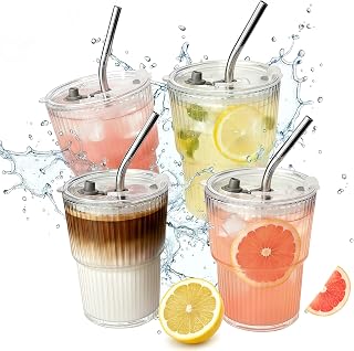 4 Packs Ribbed Glass Tumbler with Lid and Straw 13 oz Cute Ice Coffee Cup Set for Smoothie Juice Matcha Tea Latte Cappuccino Espresso Hot Coffe Water Reusable Clear Travel Boba Aesthetic Drinking Mug