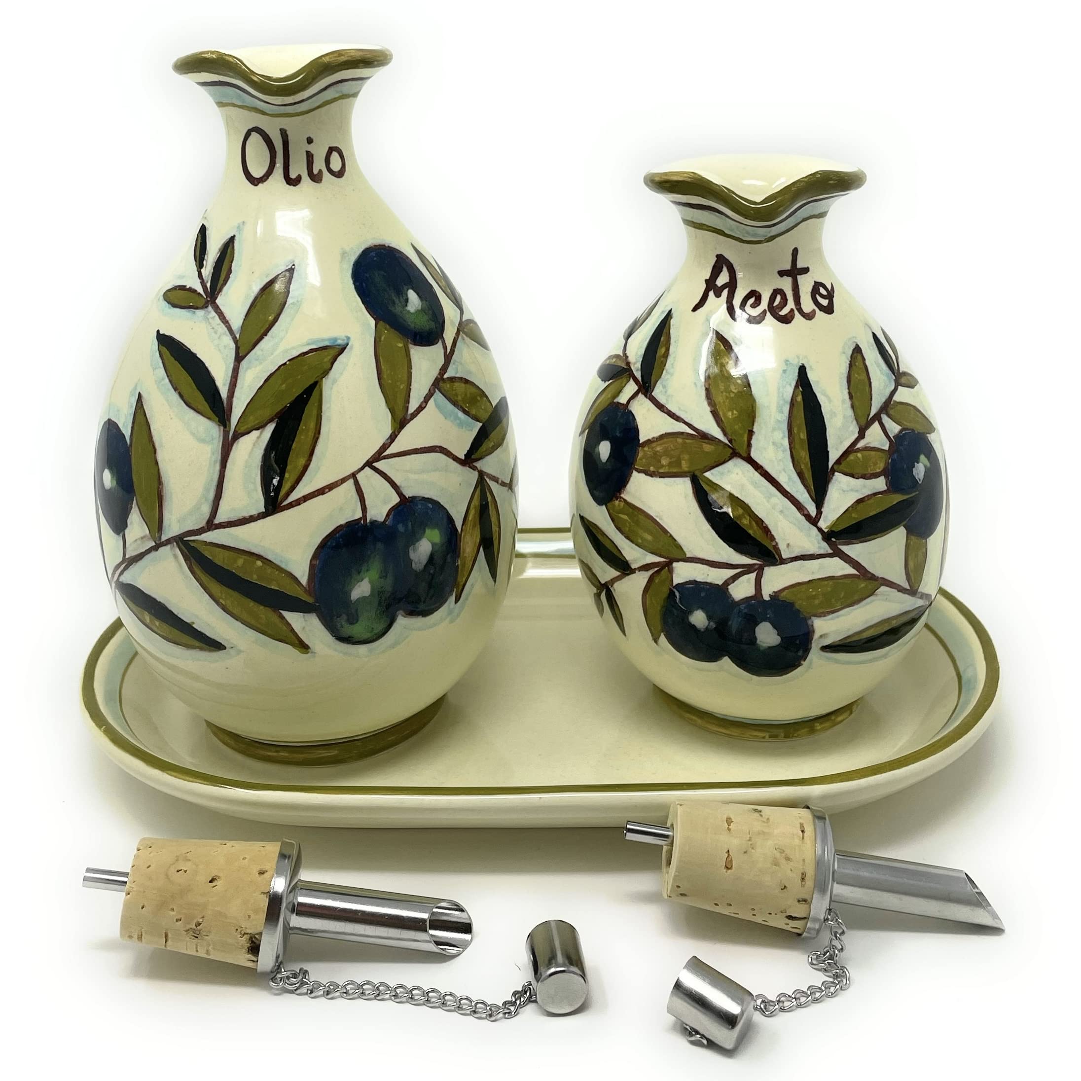 CERAMICHE D'ARTE PARRINI - Italian Ceramic Set Cruet Oil And Vinegar + Small Tray Art Pottery Hand Painted Made in ITALY Tuscan