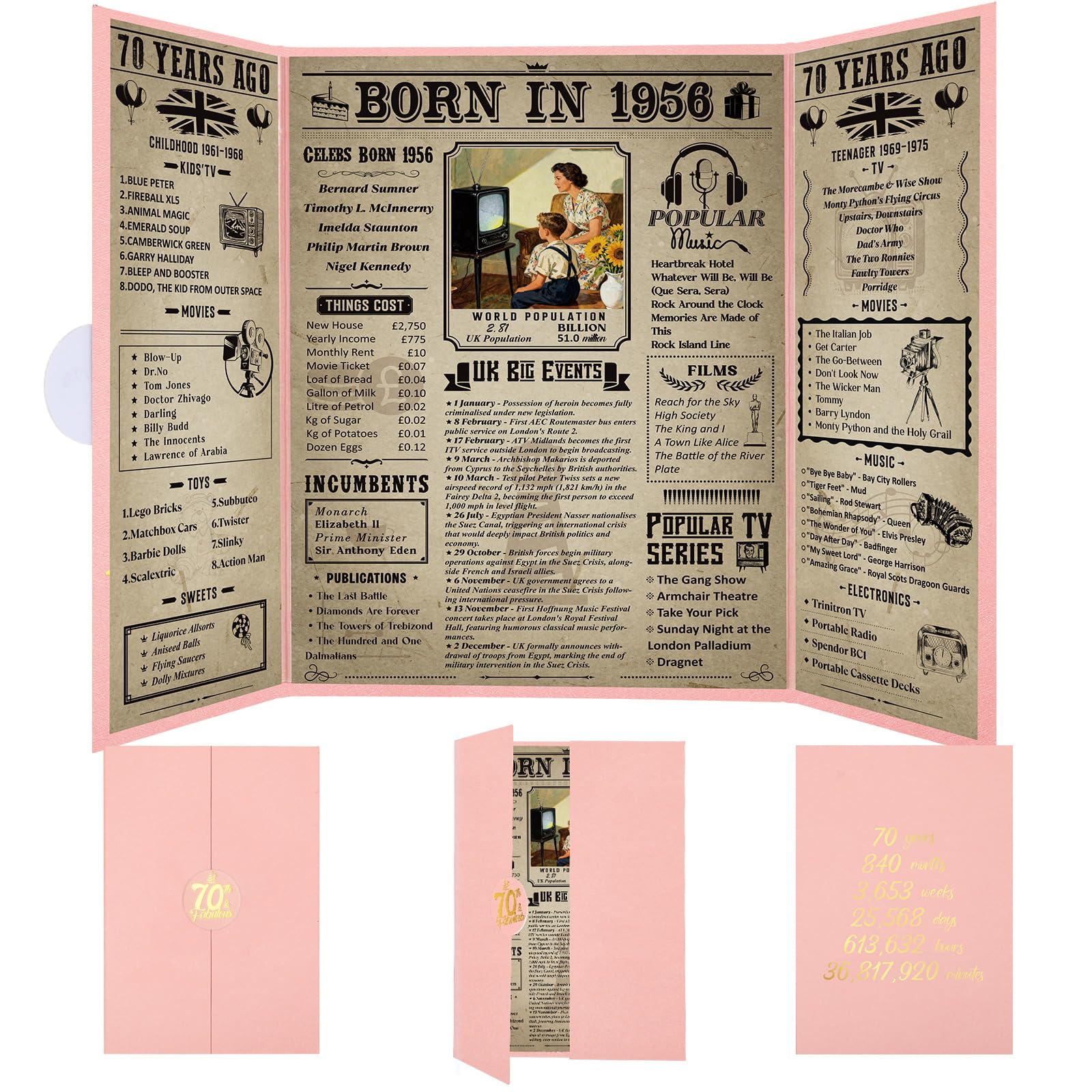 Thboxes Born In 1956 UK Birthday Poster, 70th Birthday Gifts for Women Vintage Foldable Born In 1956 Newspaper, Happy 70th Decorations Supplies for 70 Years Old Grandmother Mum Sister Aunt Friends