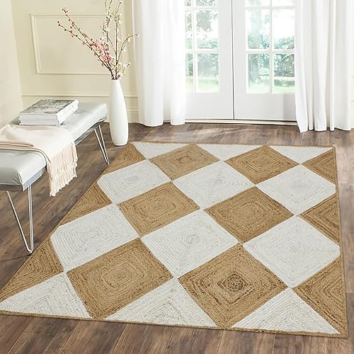Miniatura 6 de Collection - Alfombra de pasillo de 2.6 x 4 pies, alfombra trenzada de yute blanca y beige, alfombra geométrica kilim para interiores y exteriores,