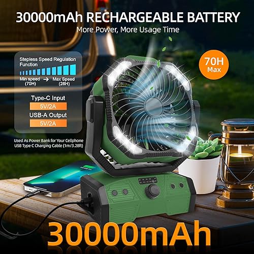 Miniatura 2 de ELZO Ventilador de campamento de 30000 mAh con luz LED, máximo 70 horas de trabajo, portátil inalámbrico, recargable, ventilador USB con gancho