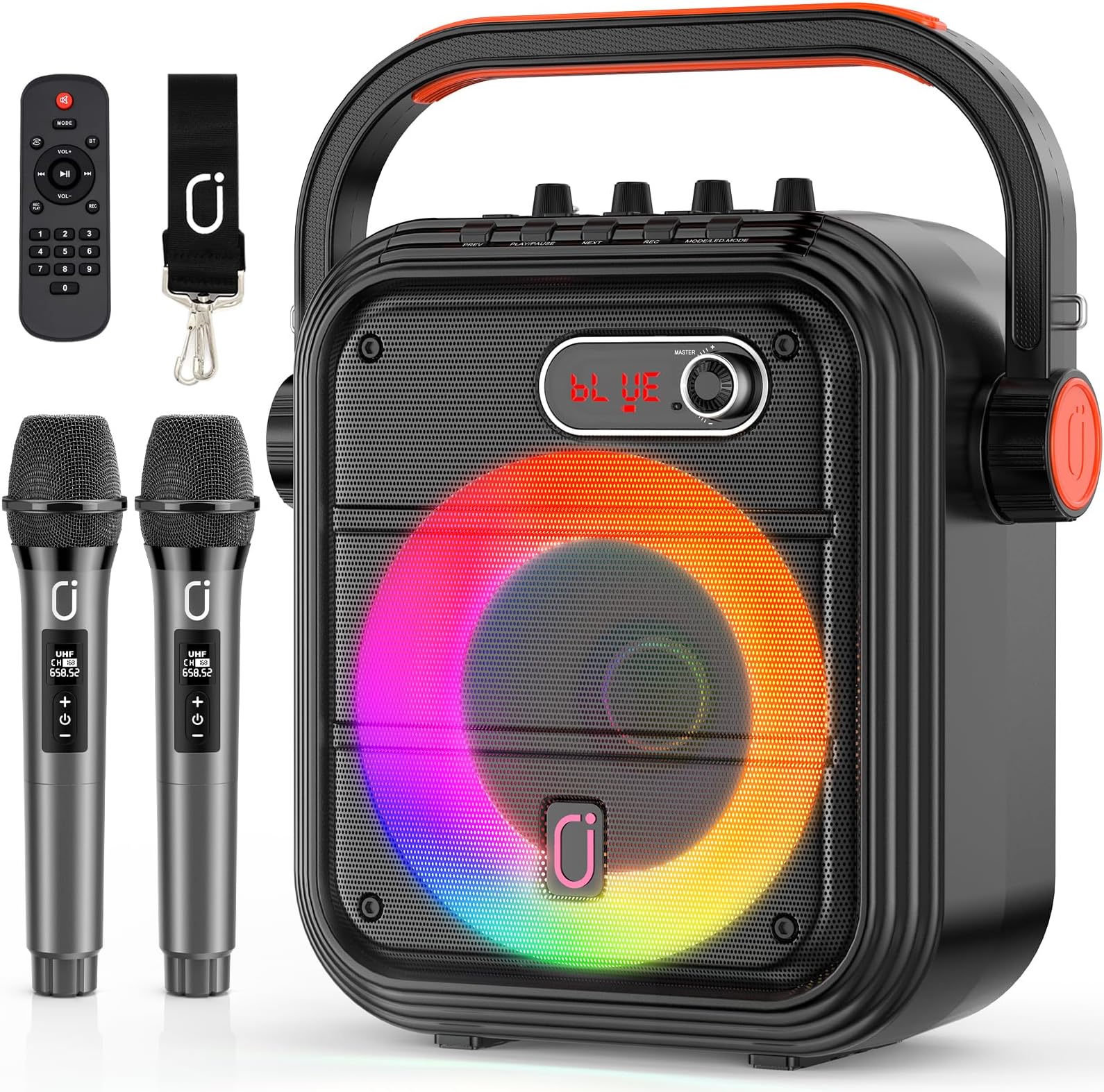 JYX Karaoke Machine with 2 Wireless Microphones, Portable Bluetooth Speaker with RGB Lights, Supports TF/USB, AUX, FM, REC, TWS – Perfect Karaoke System for Parties, PA System for Adults/Kids