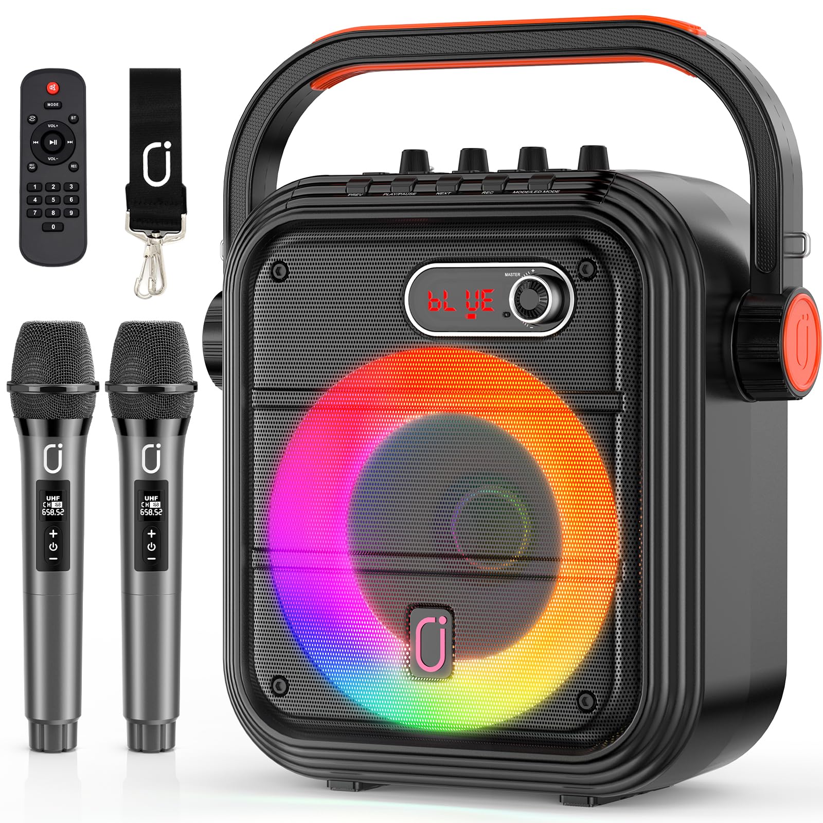 Karaoke Machine with 2 Wireless Microphones, Portable Bluetooth Speaker with RGB Lights, Supports TF/USB, AUX, FM, REC, TWS – Perfect Karaoke System for Parties, PA System for Adults/Kids