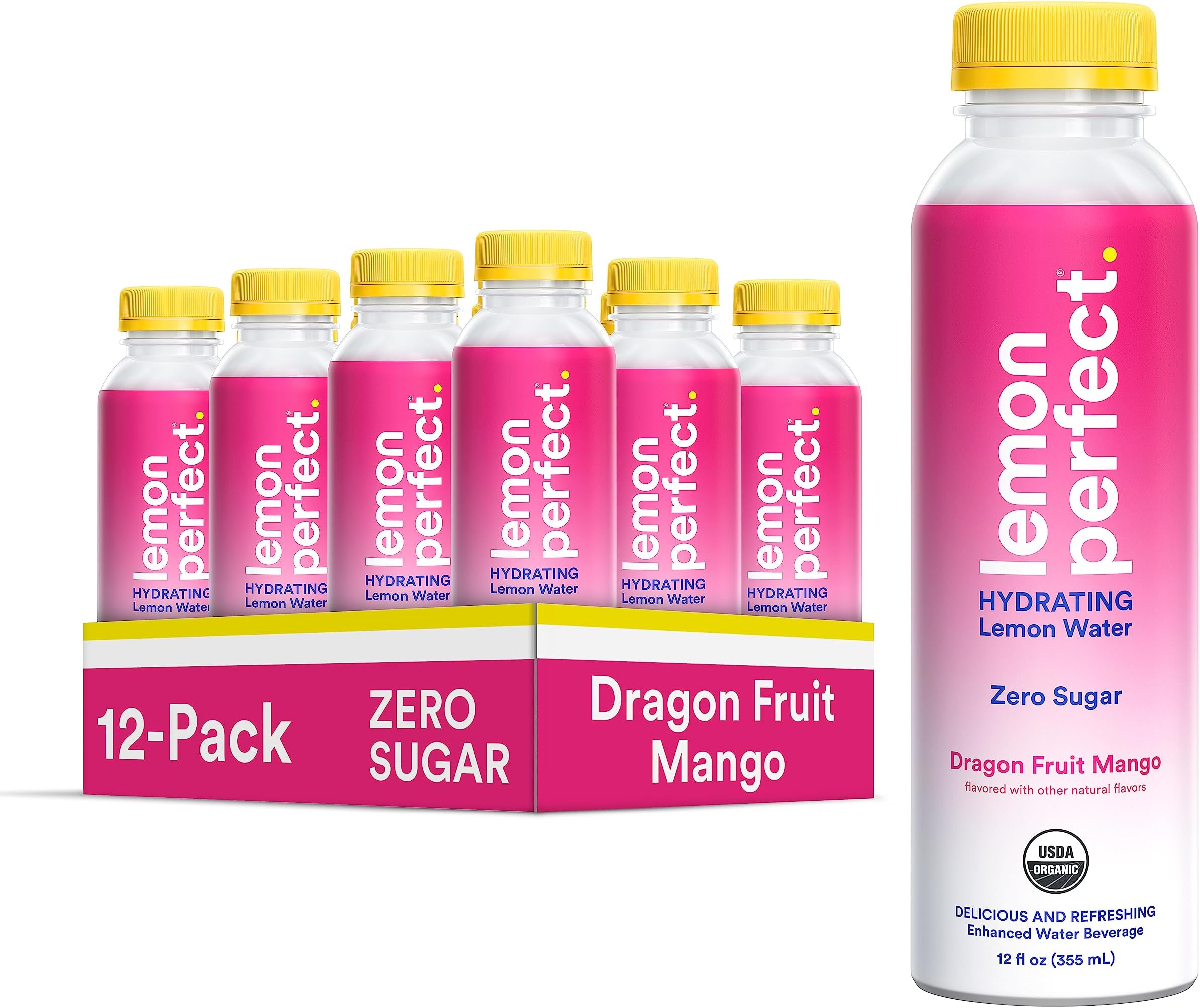 Hydrating Organic Lemon Water, Zero Sugar, Flavored Water, Squeezed from Real Fruit, Plastic Neutral, No Artificial Ingredients, Dragon Fruit Mango (12oz Bottles) 12pk