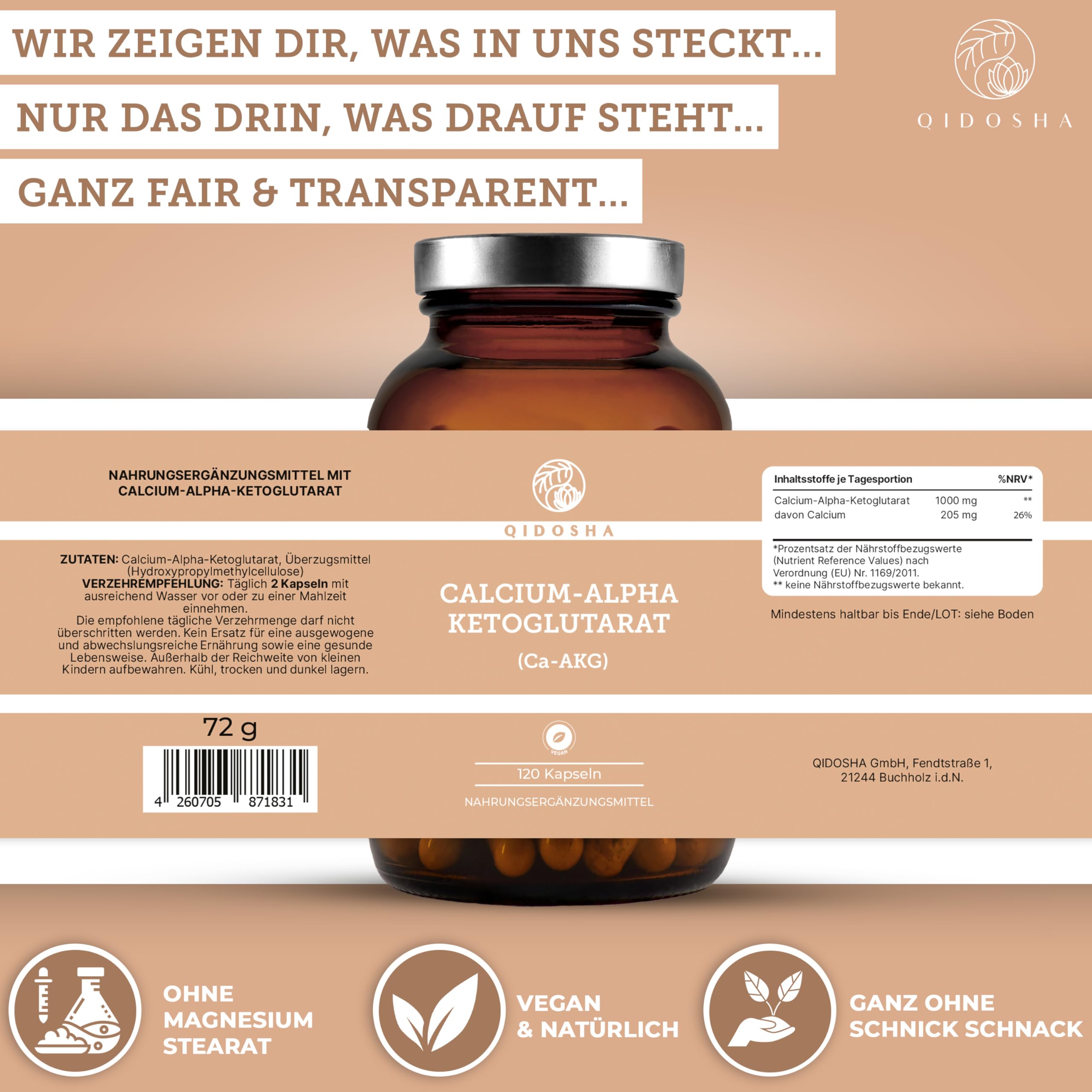QIDOSHA® Calcium-Alpha-Ketoglutarat Ca-AKG, 120 Kapseln im Apothekerglas, deutsche Fertigung, jede Charge laborgeprüft