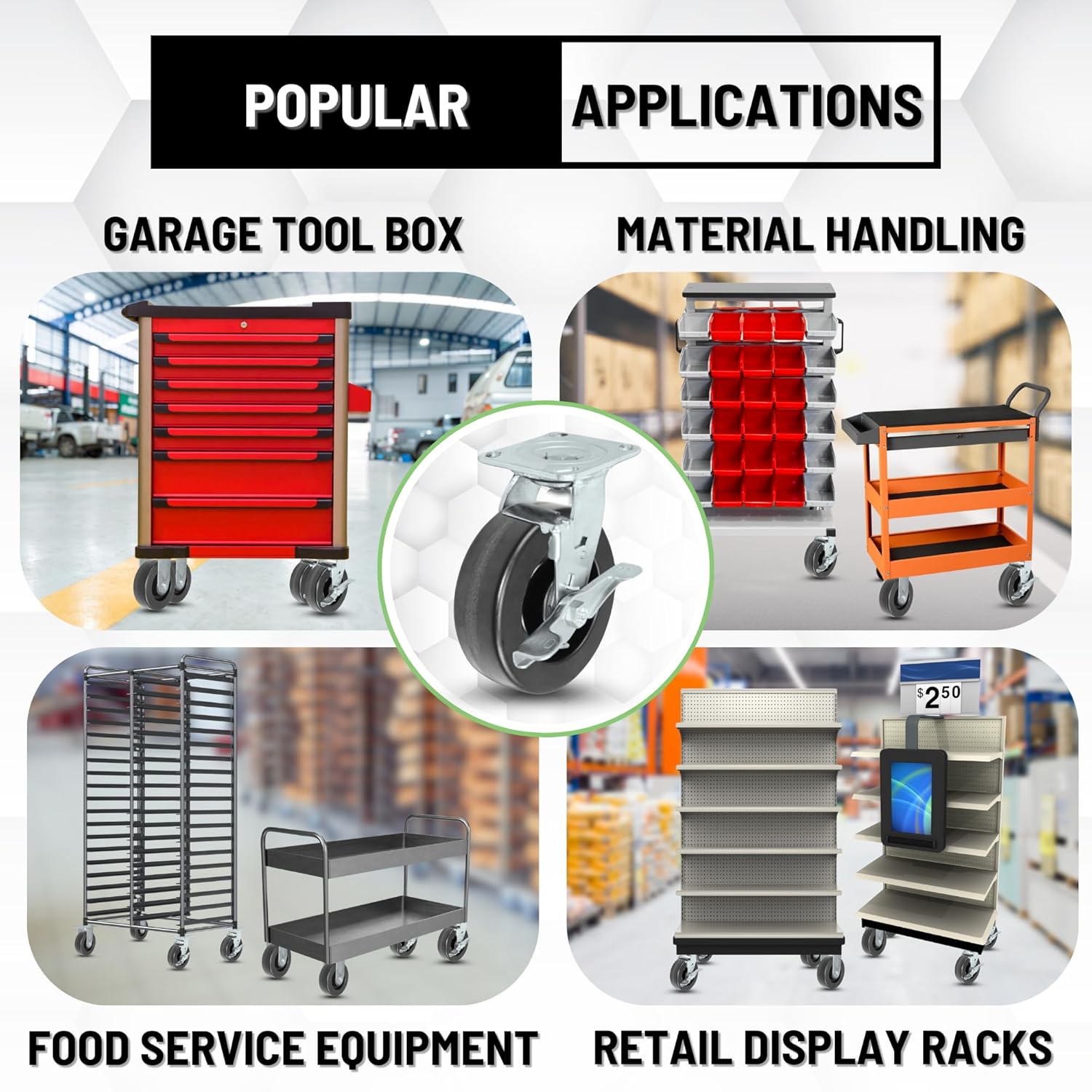 6" Heavy Duty Toolbox Caster Set with Phenolic Wheels - 1200 Lbs Capacity per Caster - High Impact Resistance - Resistant to Oils, Grease, Chemical - 2 Swivel Casters w/Brakes and 2 Rigid Casters