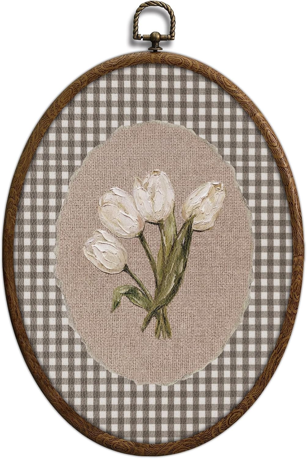 White Tulips Oval Wall Decor, Floral Cottage Core Wall Decor, Brown Gingham Grandmillennial Decors, Waterproof Cottagecore Oval Art, Hanging Vintage House Decors for Living Room Bedroom Bathroom, 04