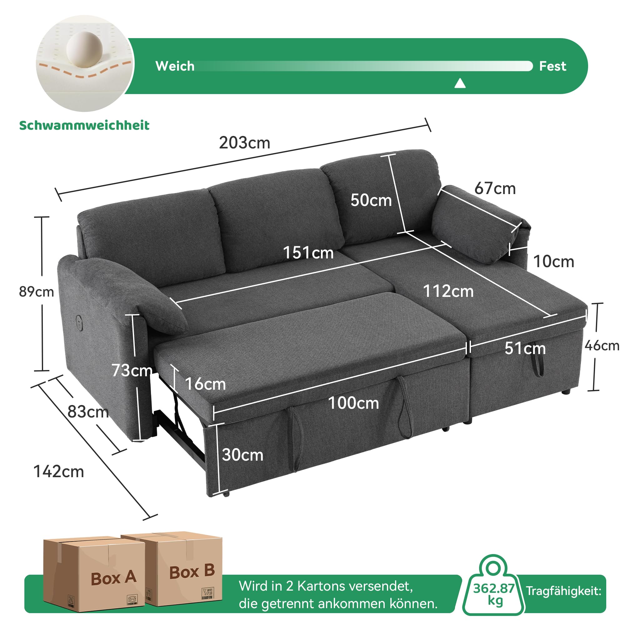 Kingfun 203cm 3-Sitzer Ecksofa mit Schlaffunktion & Bettkasten, Ausziehbares L-Form Schlafsofa mit USB & Stauraum, Kleines Sofa Bett für Wohnung und Wohnzimmer