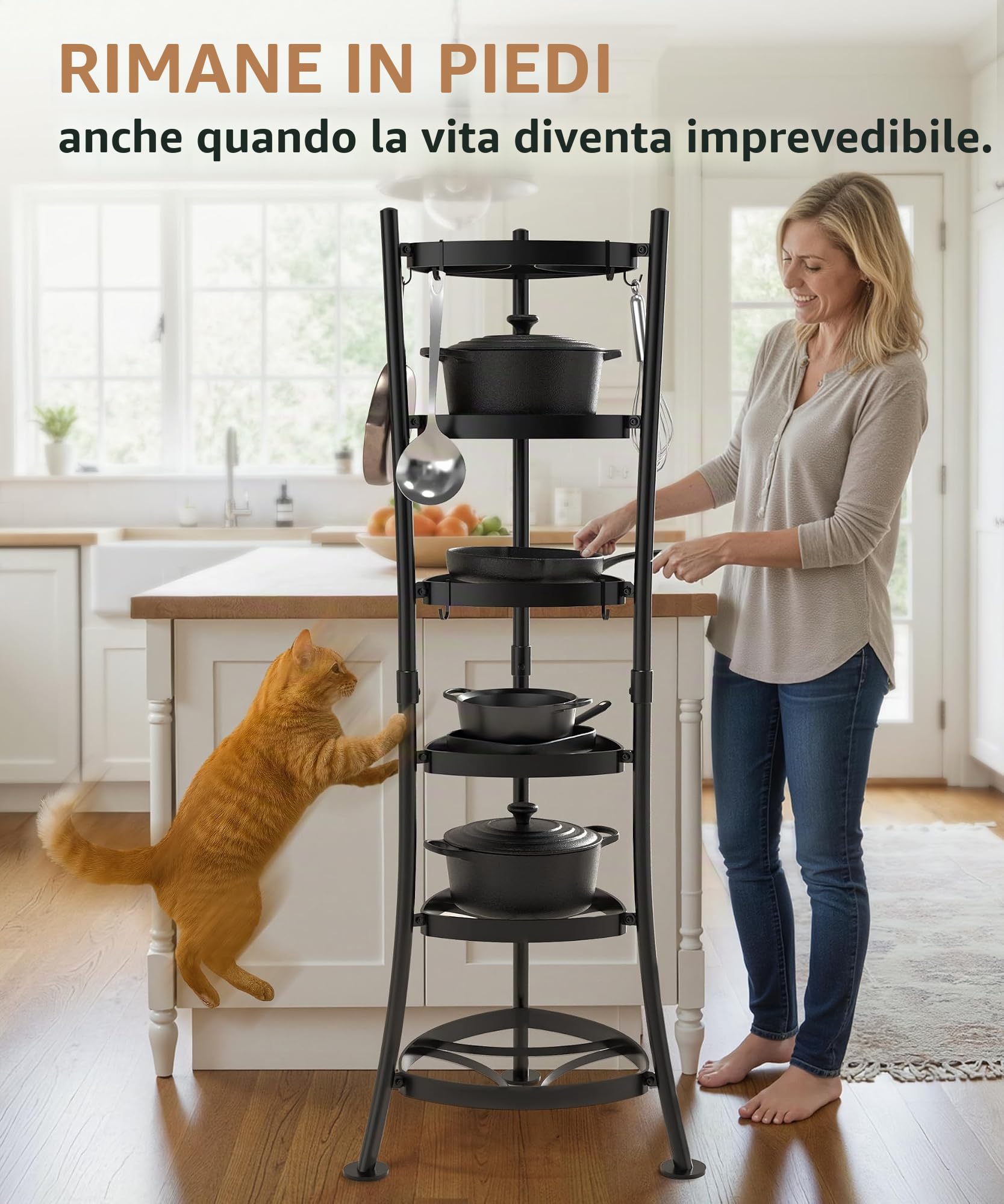 KES KUR531S6-BK KUR531S6-BK - Supporto per pentole in ghisa a 6 ripiani con 6 ganci, pentole e padelle, base stabile, cinghia anti-ribaltamento e protezioni per pavimenti nero, capacità 119,7 kg