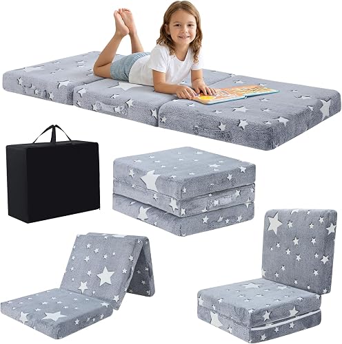 MeMoreCool Foldable Floor Mattress for Kids, Toddler Floor Nap Mat for Sleeping Daycare, Small Child Foldable Mattress Floor Bed, Trifold Futon Portable Tri Folding Mattress, Glow 63x26 Inch