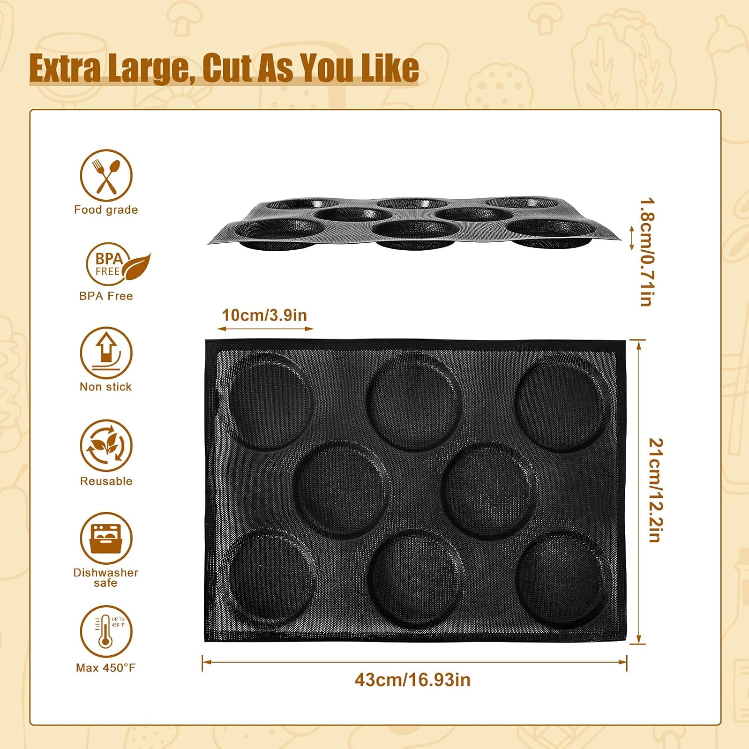 KR KITCHENRAKU Upgraded Silicone Perforated Baking Forms, Sandwich Mold, French Baguette Bread Pan, Food Mat, Non-Stick Baking Liners (2 PCS, 8 Caves 4" Round Shape_12.2x16.9x0.62 inch)