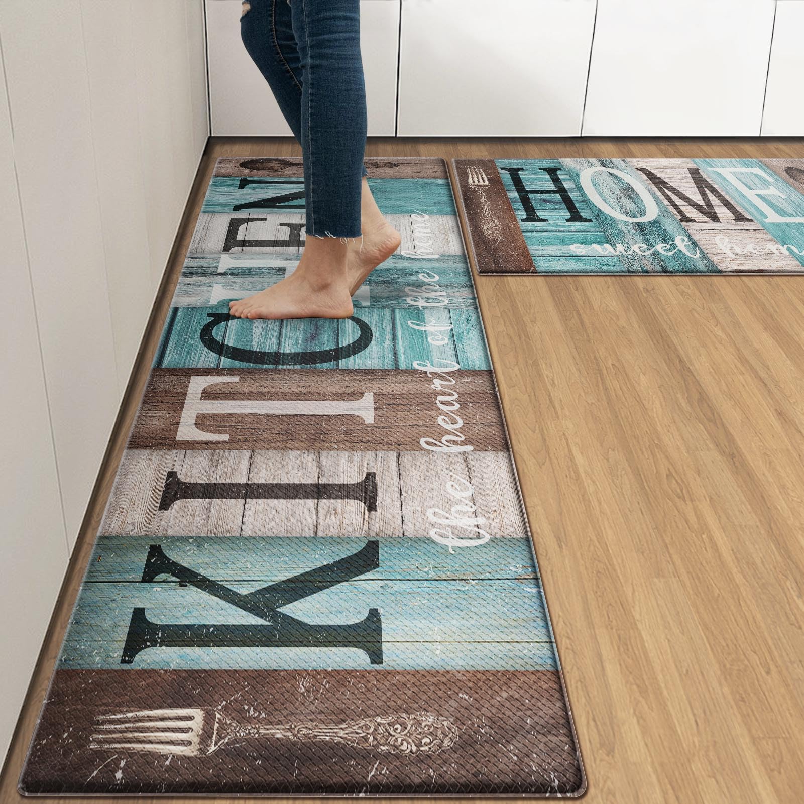 Arttown Farmhouse Anti-Fatigue Kitchen Rug Set of 2 Brown Teal Home Sweet Wood Vintage Cushioned Kitchen Floor Standing Mat Waterproof Non-Slip Kitchen Mat and Rugs PVC Ergonomic Comfort Foam Rug — image 1