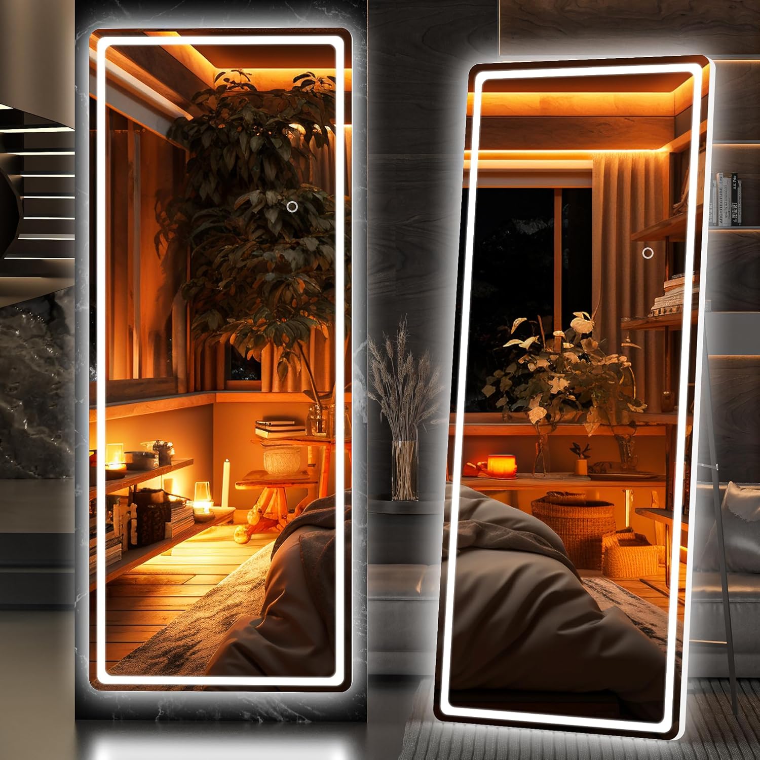 Hasipu Full Length Mirror with Lights, 61" x 22" Lighted Floor Standing LED Mirror Full Length, Full Body Mirror w/Dimming & 3 Color Lighting White Round White Led 61" x 22"