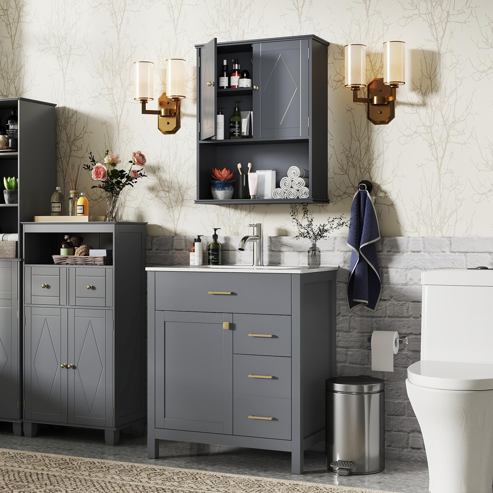 LIFEZEAL Meuble de Salle de Bain Mural, Armoire de Rangement Suspendue avec étagère Réglable, Compartiment Ouvert, Meuble de Salle de Bain Moderne en Bois pour Salle de Bain, Cuisine (Gris)