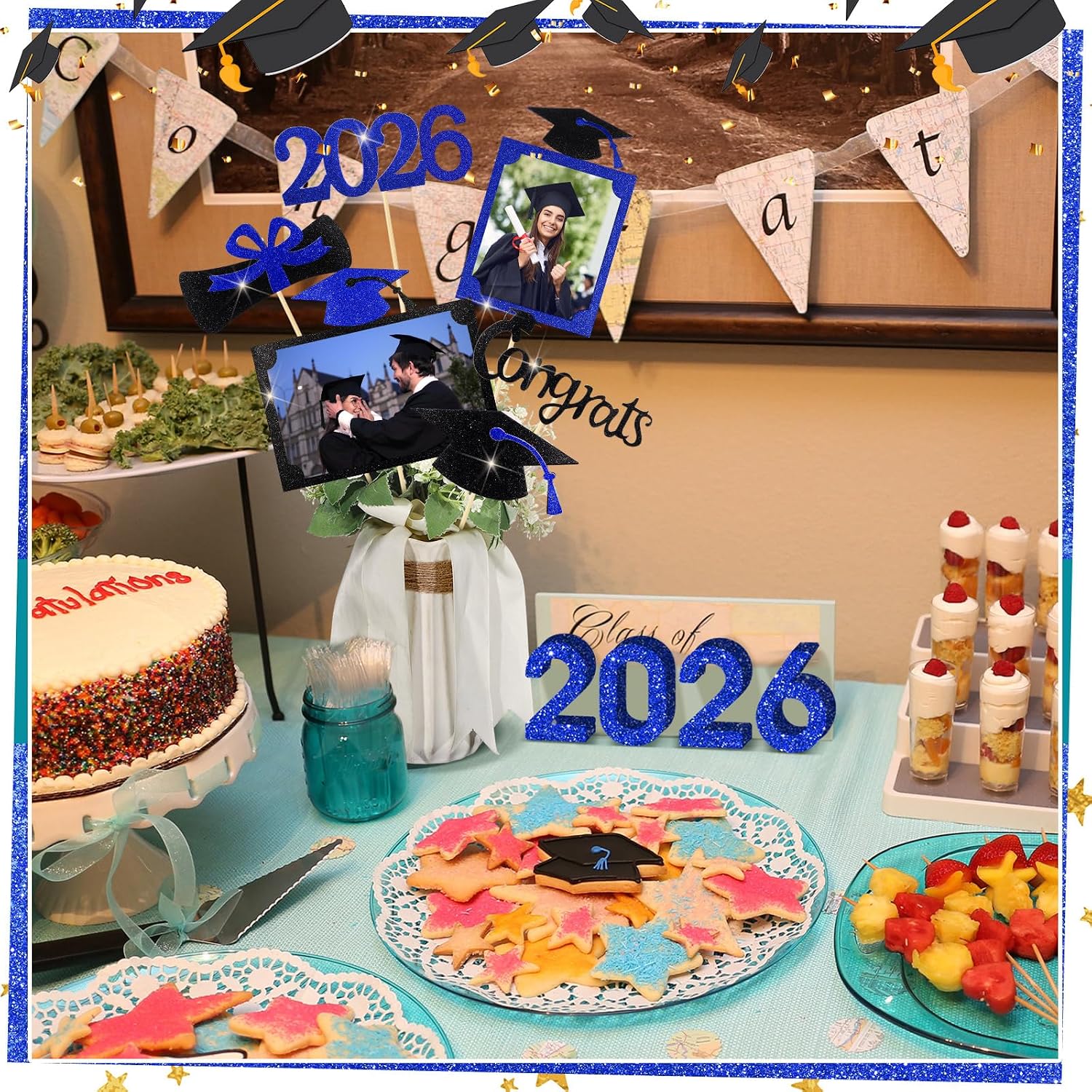 Qinyoung 2026 Graduation Decorations 30 Pcs Glittering Graduation Centerpiece for Tables Sticks Class of 2026 Grad Photo Centerpiece Party Decoration for Table Toppers(Blue)
