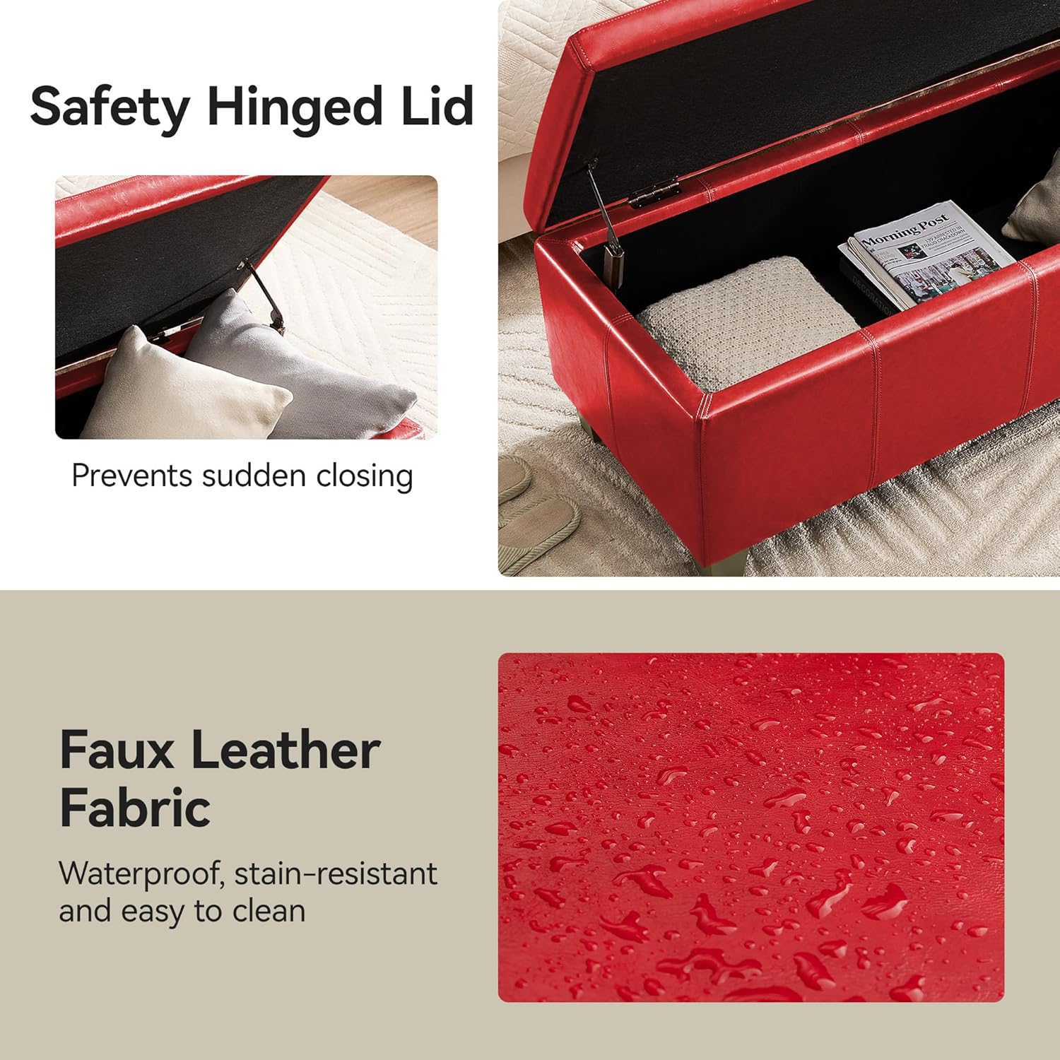 41" Faux Leather Storage Ottoman, Stitch Tufted Rectangle Upholstered End of Bed Storage Bench, Entryway Large Couch Ottoman with Wooden Legs,Red - Image 5