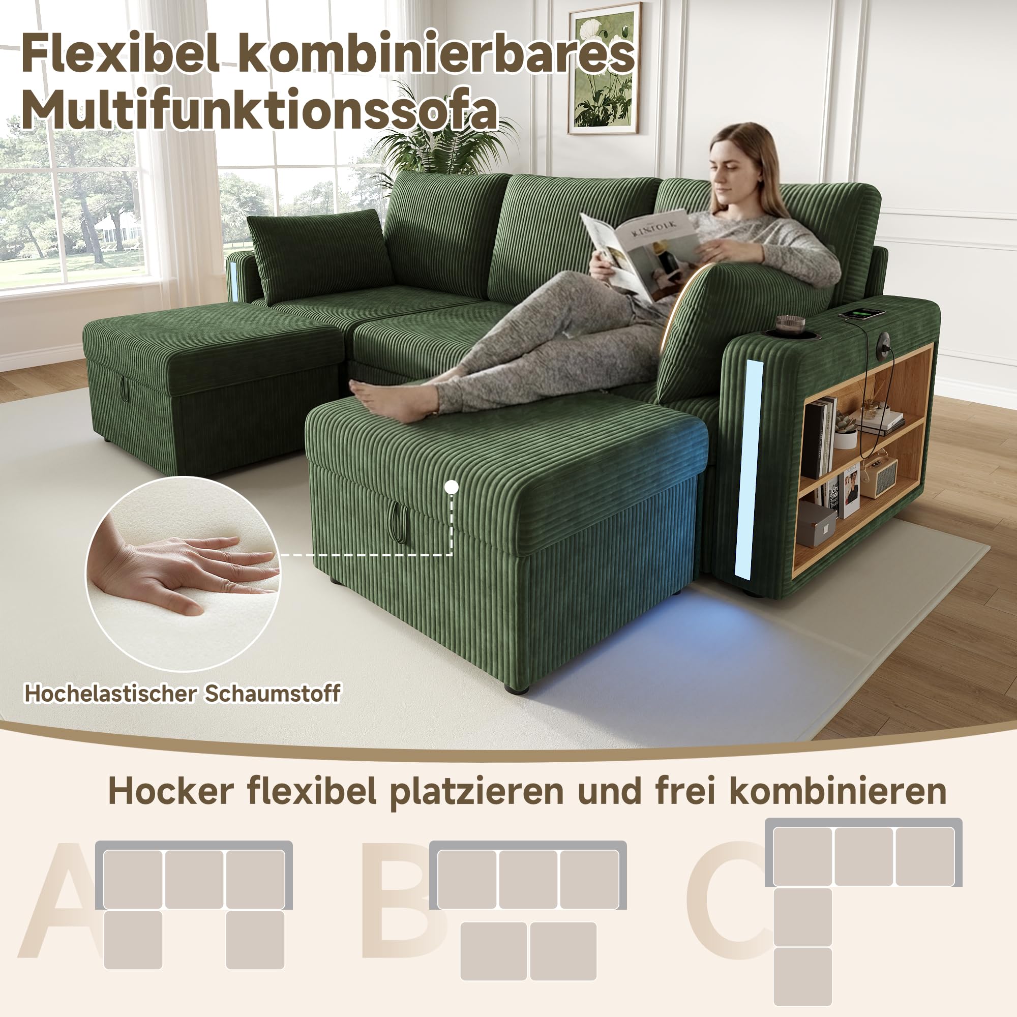 Modulare U-/L-Wohnlandschaft mit Stauraumhockern LED USB Grün