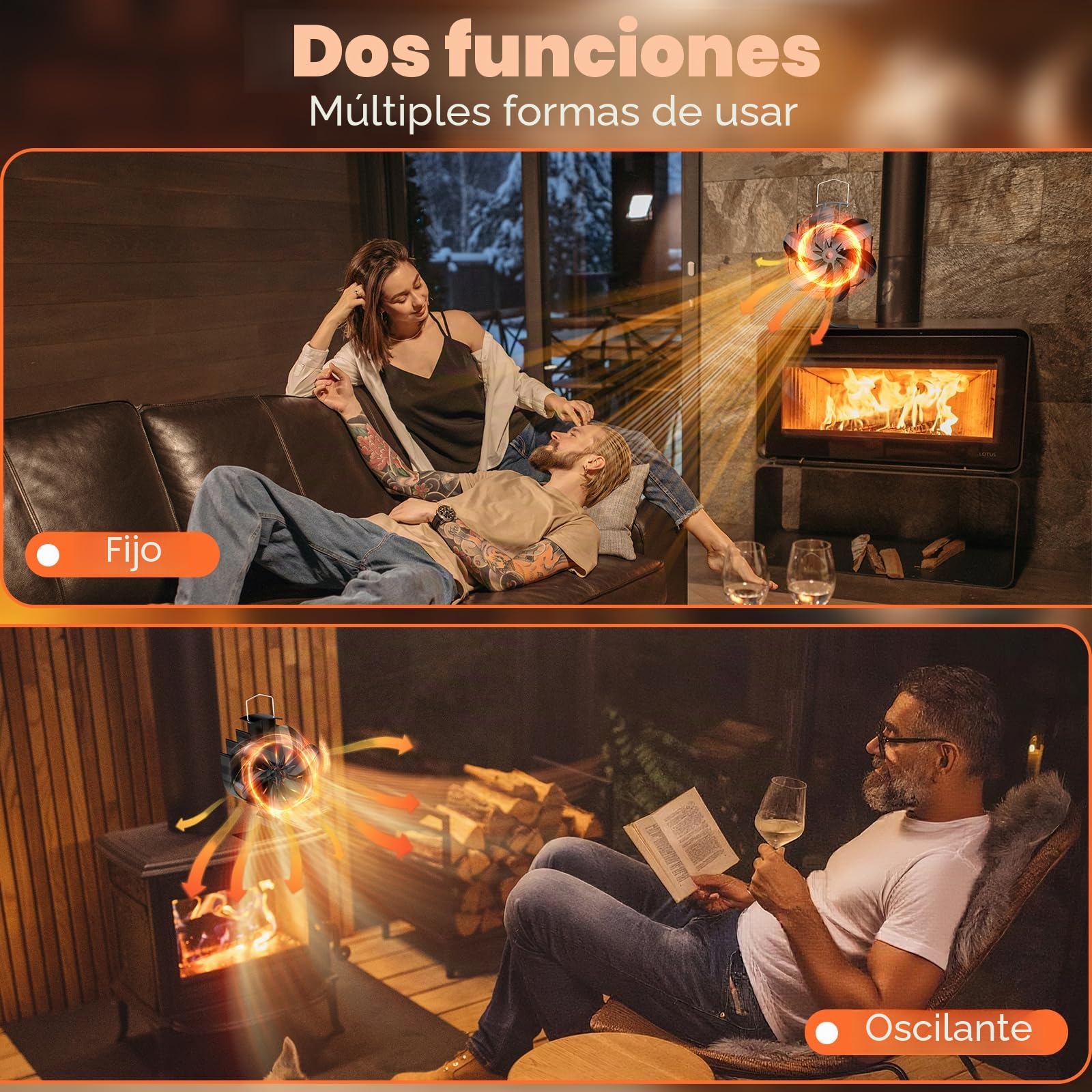 Gisam Ventilador de chimenea con 6 aspas y rotación de 60°, ventilador de estufa sin electricidad, funcionamiento silencioso, ventilador de estufa de leña para leña/quemador de leña/chimenea