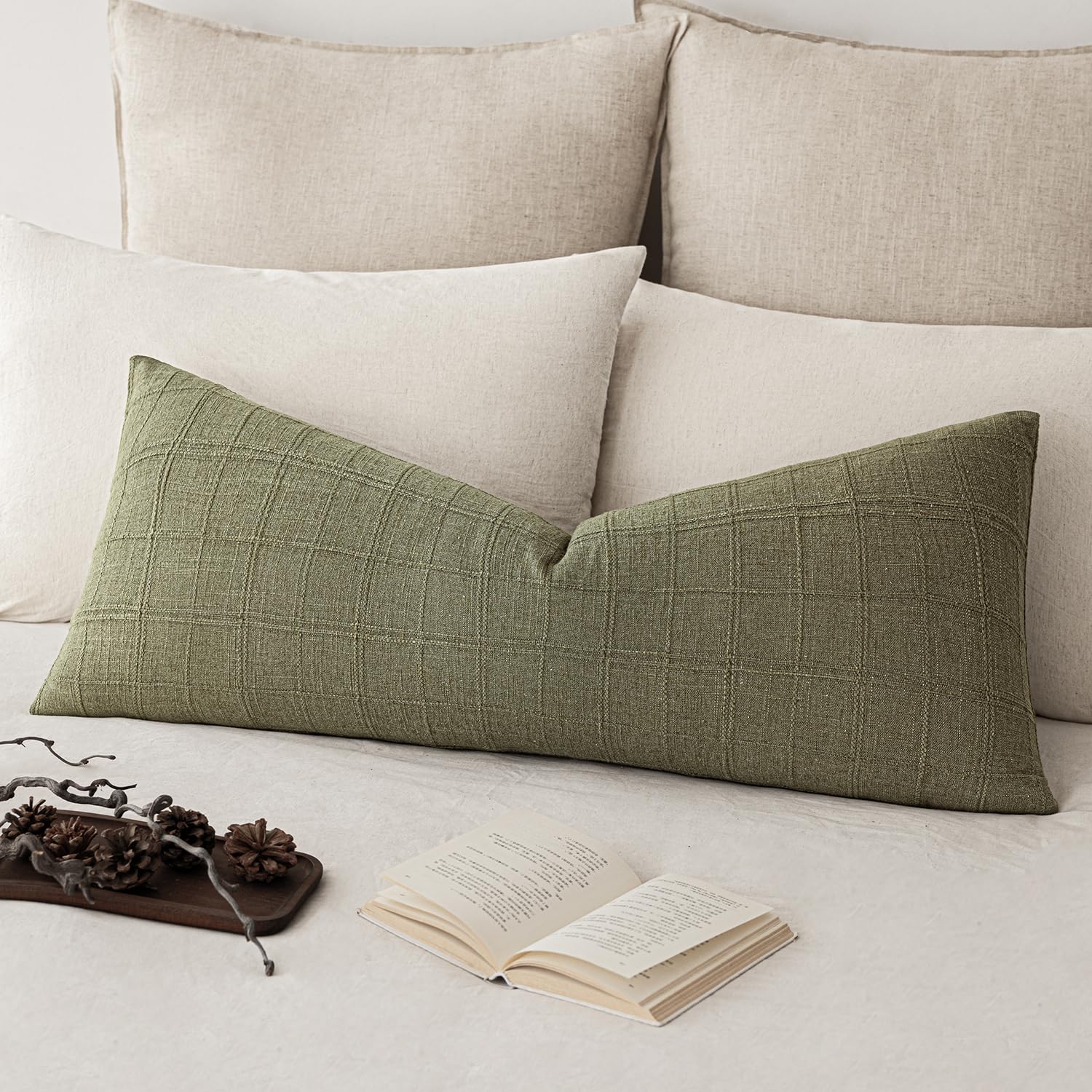 Foindtower Set of 1 Decorative Linen Check Throw Pillow Cover Neutral Long Body Lumbar Cushion Cover Farmhouse Vintage Boho Home Decor for Sofa Chair Couch Bedroom Living Room,14×36 Inch,Sage Green