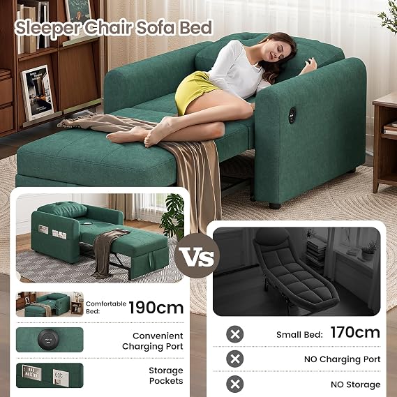 Single Sofa Bed Chair, 3-in-1 Convertible Pull Out Sofa Bed, Green