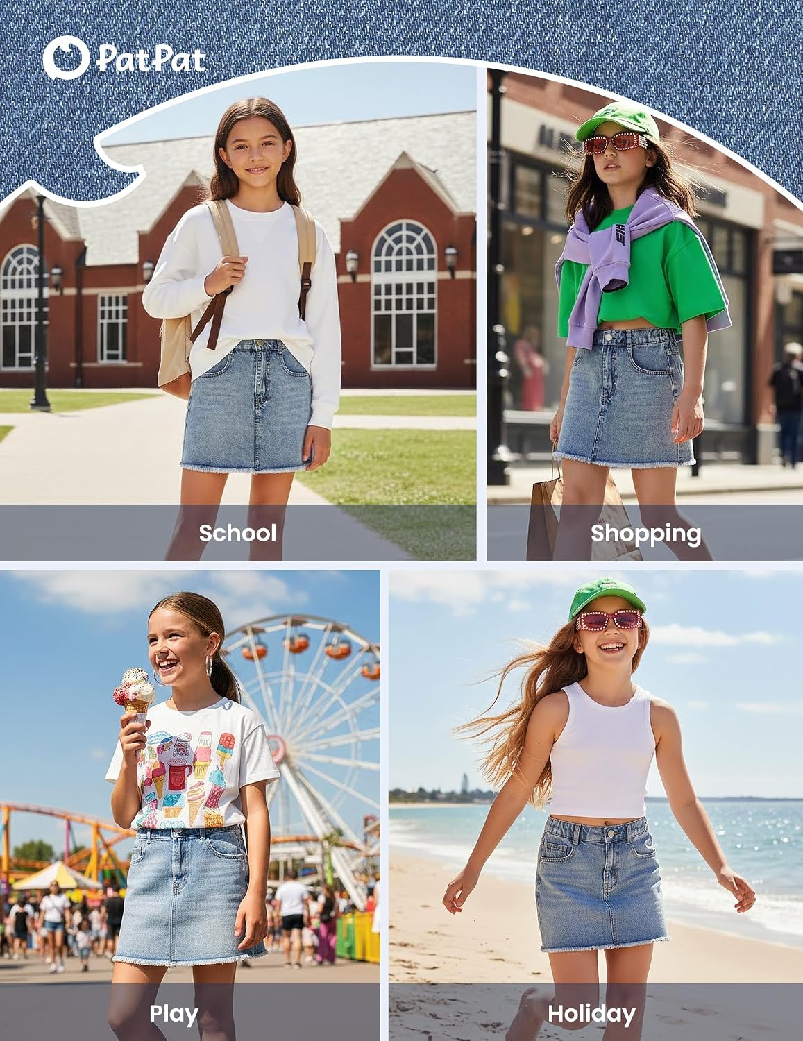 PATPAT Denim Skirt for Girls 5-14 Years, A-Line Mid Waist Mini Jean Skirt with Elastic Waistband & Frayed Hem