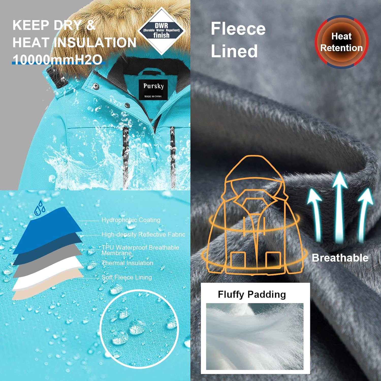 Pursky Girl's Waterproof Ski Jacket Kids Winter Snow Coats Fleece Raincoat Parka - Image 4