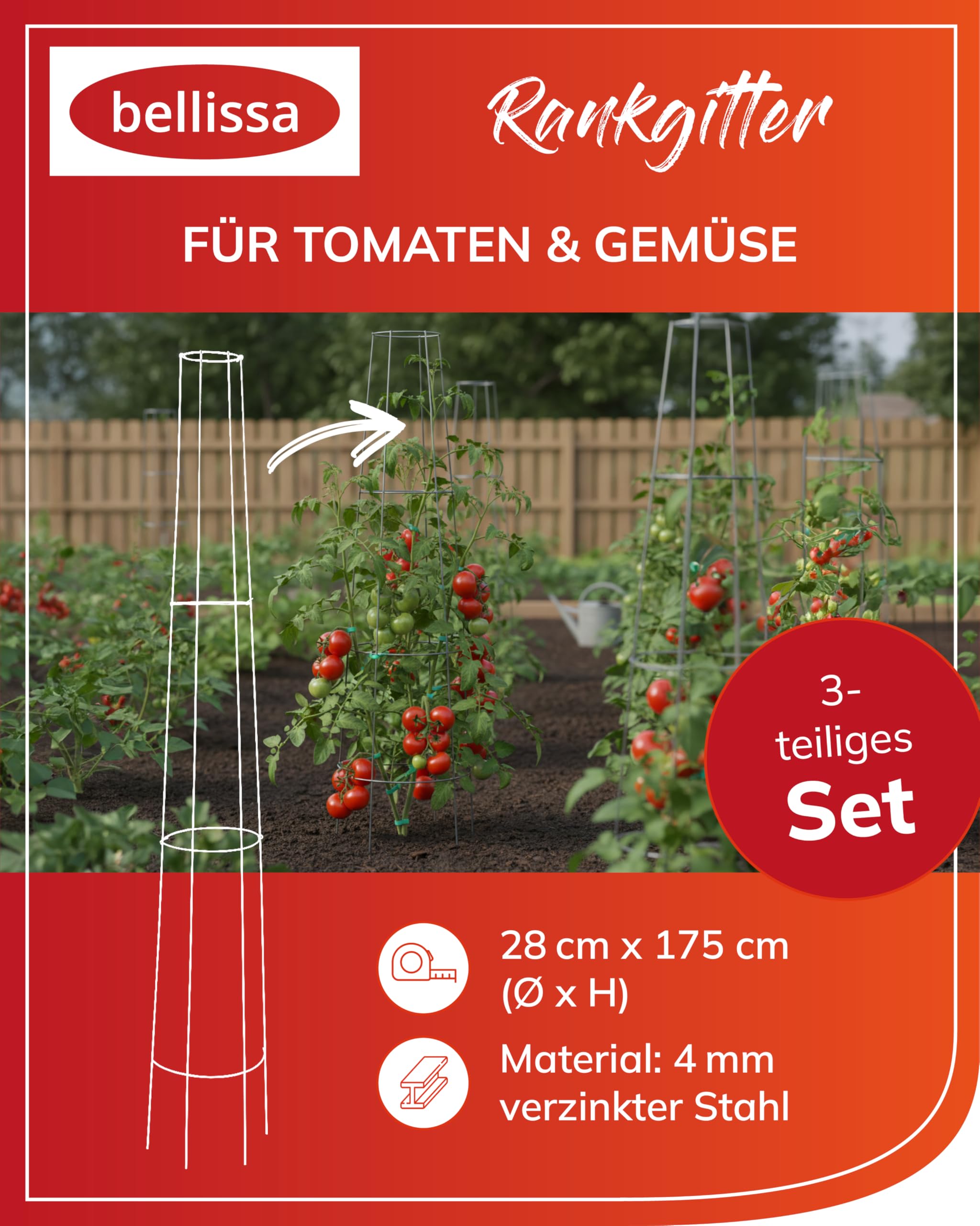 bellissa Tomaten Rankhilfe Spirale 3 Stück Metall verzinkt 175 cm | Wetterfestes Rankgitter für Gemüse, Gurken & Stangenbohnen Stabile Pflanzenstütze & Rankstäbe für den Garten