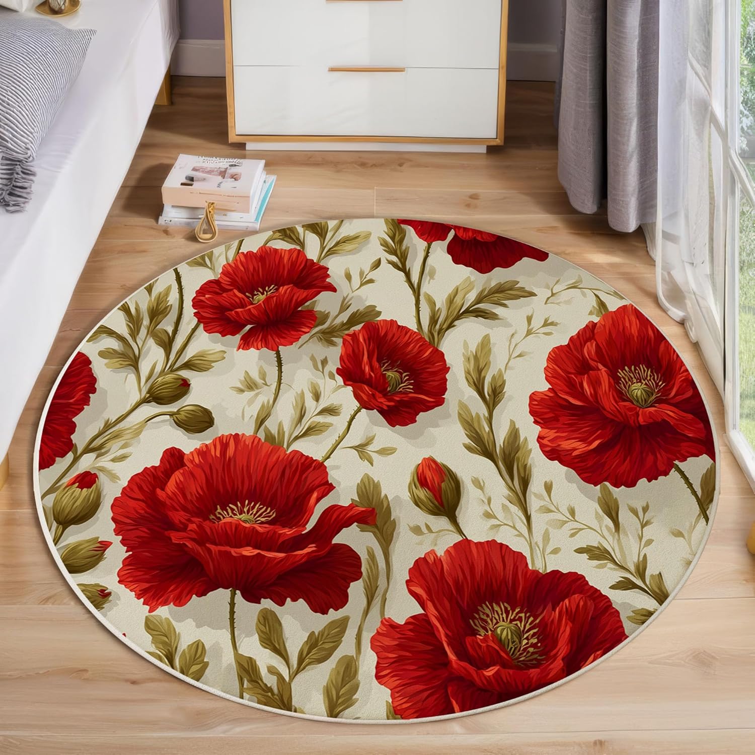 Poppy Fields Round Rug 3ft Short Pile Area Rug with Non-Slip Backing Country Style Super Soft Circle Rugs Machine Washable Floor Mat for Entryway Living Room Bedroom, Red