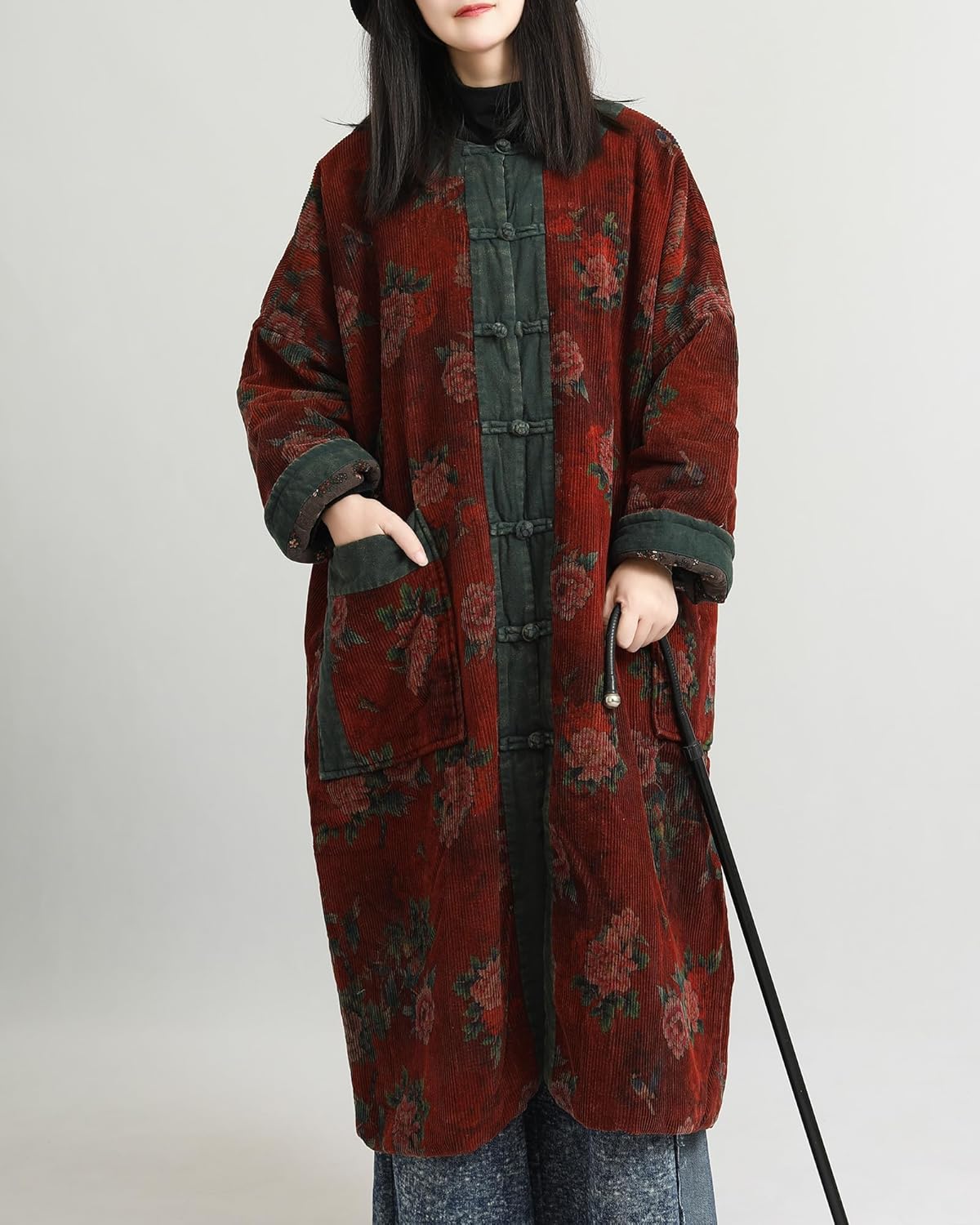 LZJN Women's Corduroy Quilted Trench Coat Long Sleeve Floral Printed Jacket Loose Winter Outwear - Image 8