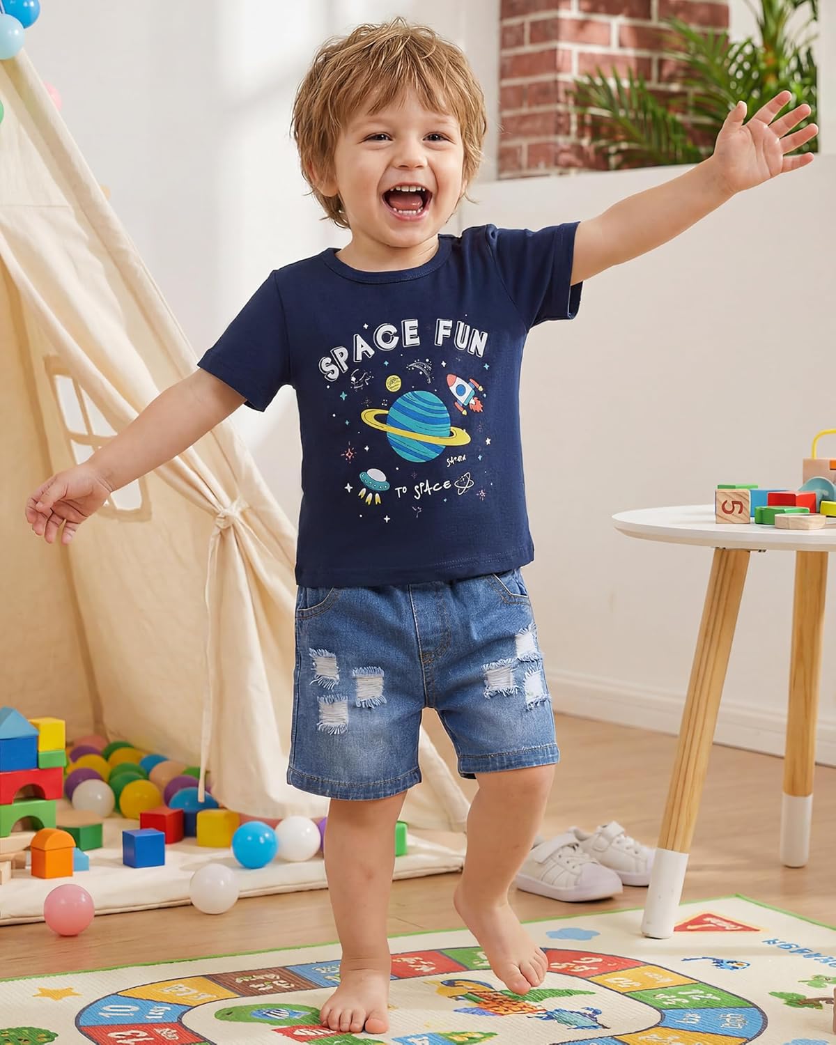 Jecson Toddler Boy Clothes Summer Outfits Short Sleeve T-shirt and Inside Ripped Holes Denim Short Stretch Sets 12M-4T - Image 3