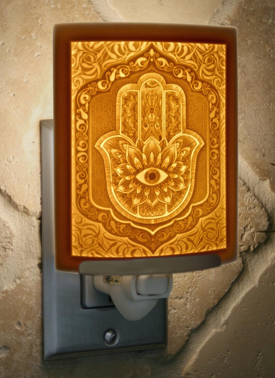 The Porcelain Garden Hamsa - Curved Fine Porcelain Lithophane Night Light, Decorative wall Plug in Nursery, Bedroom Kitchen, Bath, Hallway Evil Eye, Eye of Fatima, Religious Themed Accent Light