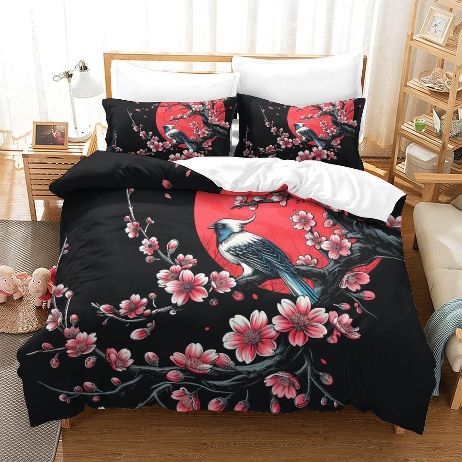 Housse de couette fleurs de cerisier 260x220 cm avec taies en microfibre pour lit super king