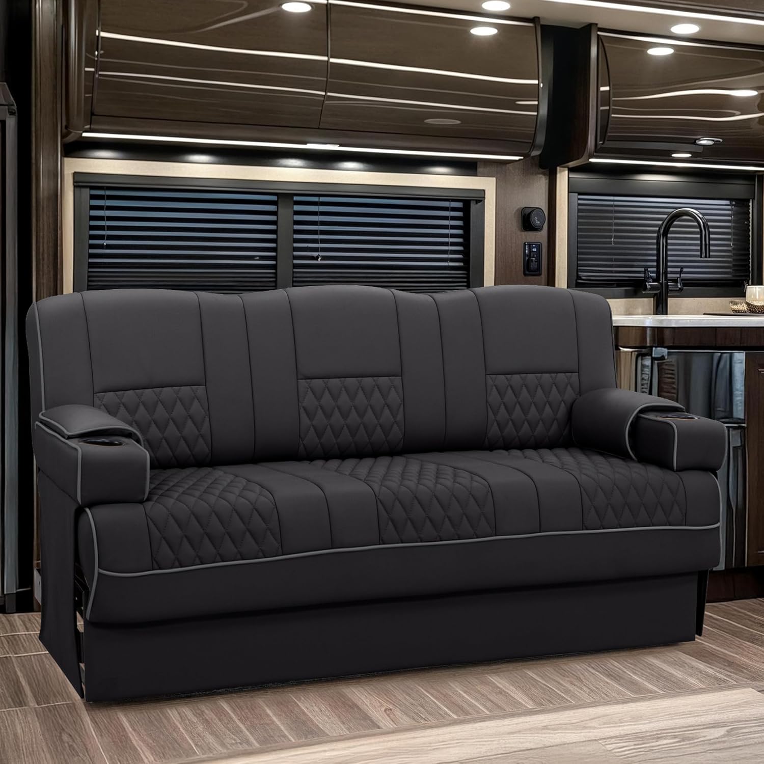 Gravitas SL RV Sofa Bed, 74" Wide, Ultimate Leather, Black and Charcoal