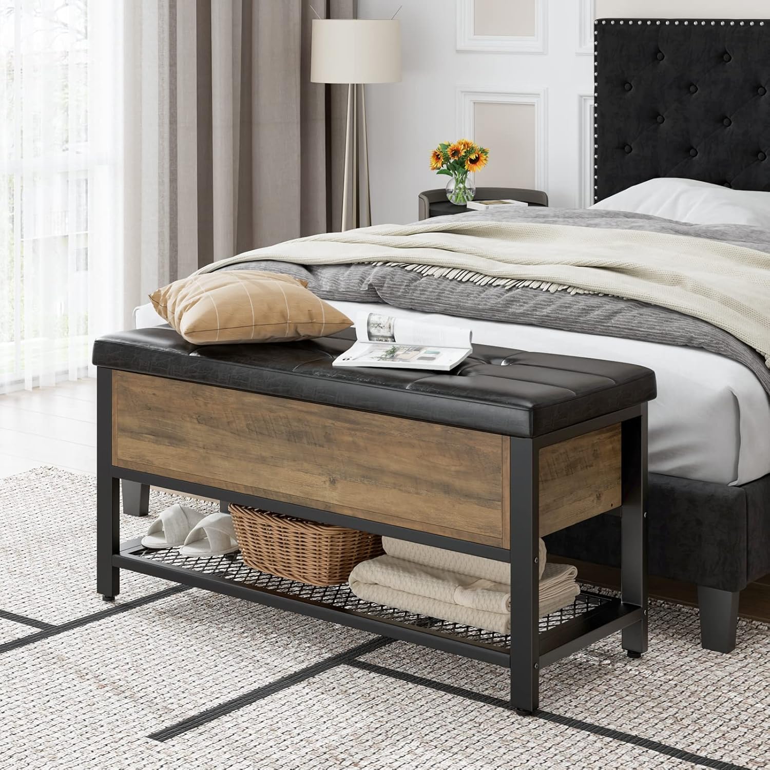 HOSTACK Storage Bench, Entryway Shoe Bench with Flip-Open Storage Box, End of Bed Ottoman Bench with Storage Shelf and Padded Seat for Bedroom, Hallway, Rustic Brown