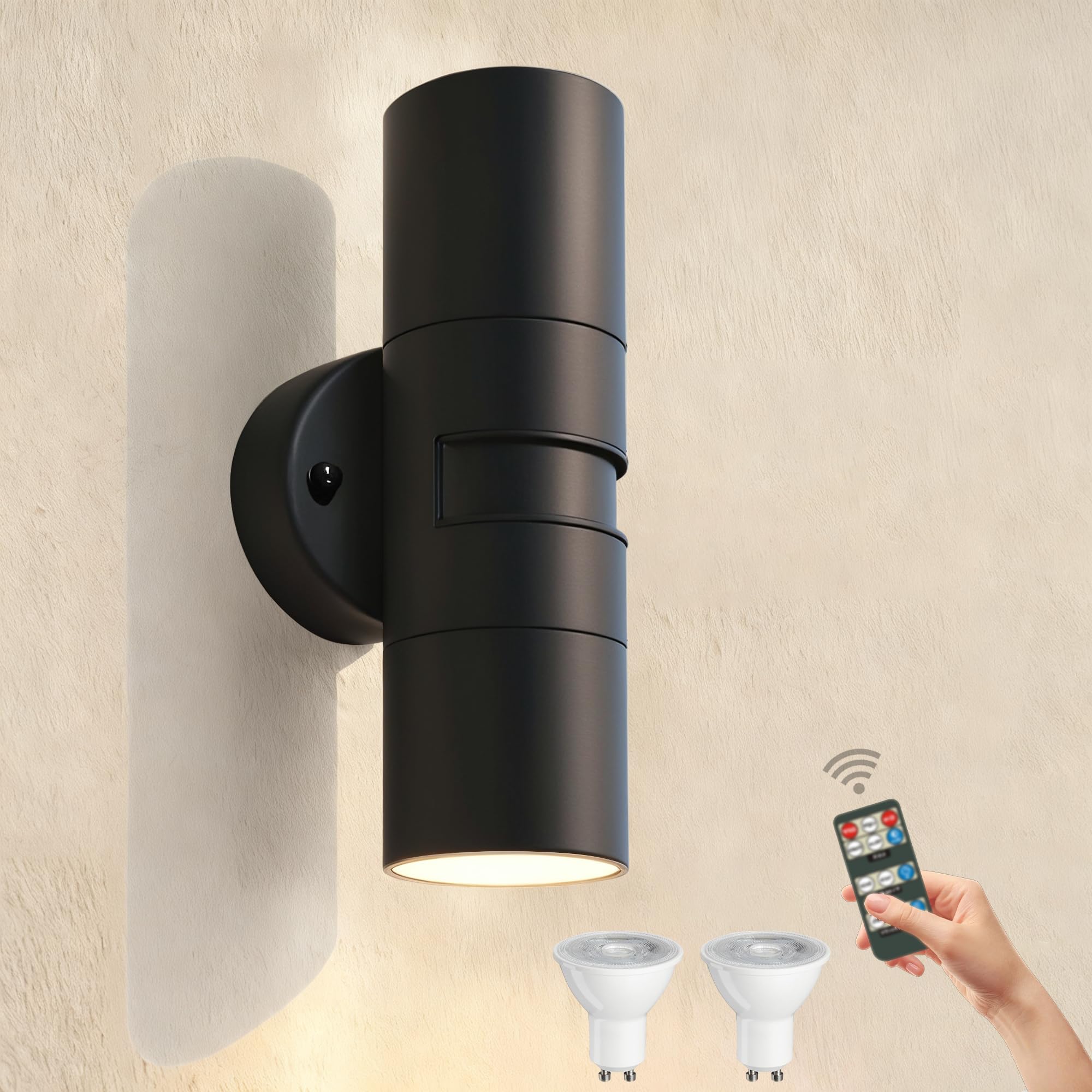 JNR Edelstahl Wandleuchte Aussen mit verstellbar Radar Bewegungssensor und Fernbedienung, LED Außenlampe IP54 Up Down Wasserdichte Außenleuchte, Aussenlampe 2x5W GU10 3000K Warmweiß Glühbirne, Schwarz