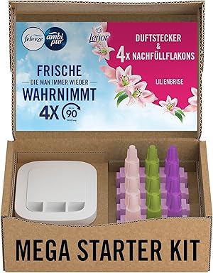 Febreze Programmierbarer Lufterfrischer 3Volution Duftstecker Starter-Kit + 4x Nachfüllflakons Lilienbrise, Elektrischer Raumduft mit 3 Wechselnden Düften Zum Bekämpfen Von Gerüchen