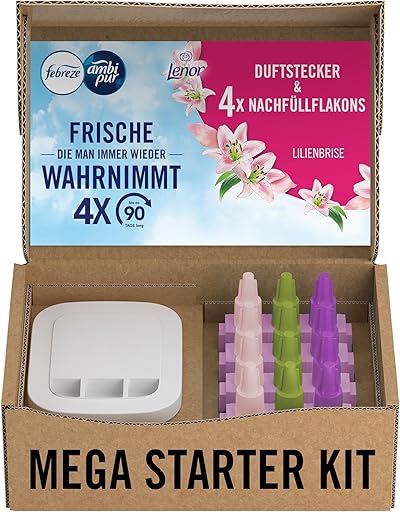 Febreze Programmierbarer Lufterfrischer 3Volution Duftstecker Starter-Kit + 4x Nachfüllflakons Lilienbrise, Elektrischer Raumduft mit 3 Wechselnden Düften Zum Bekämpfen Von Gerüchen