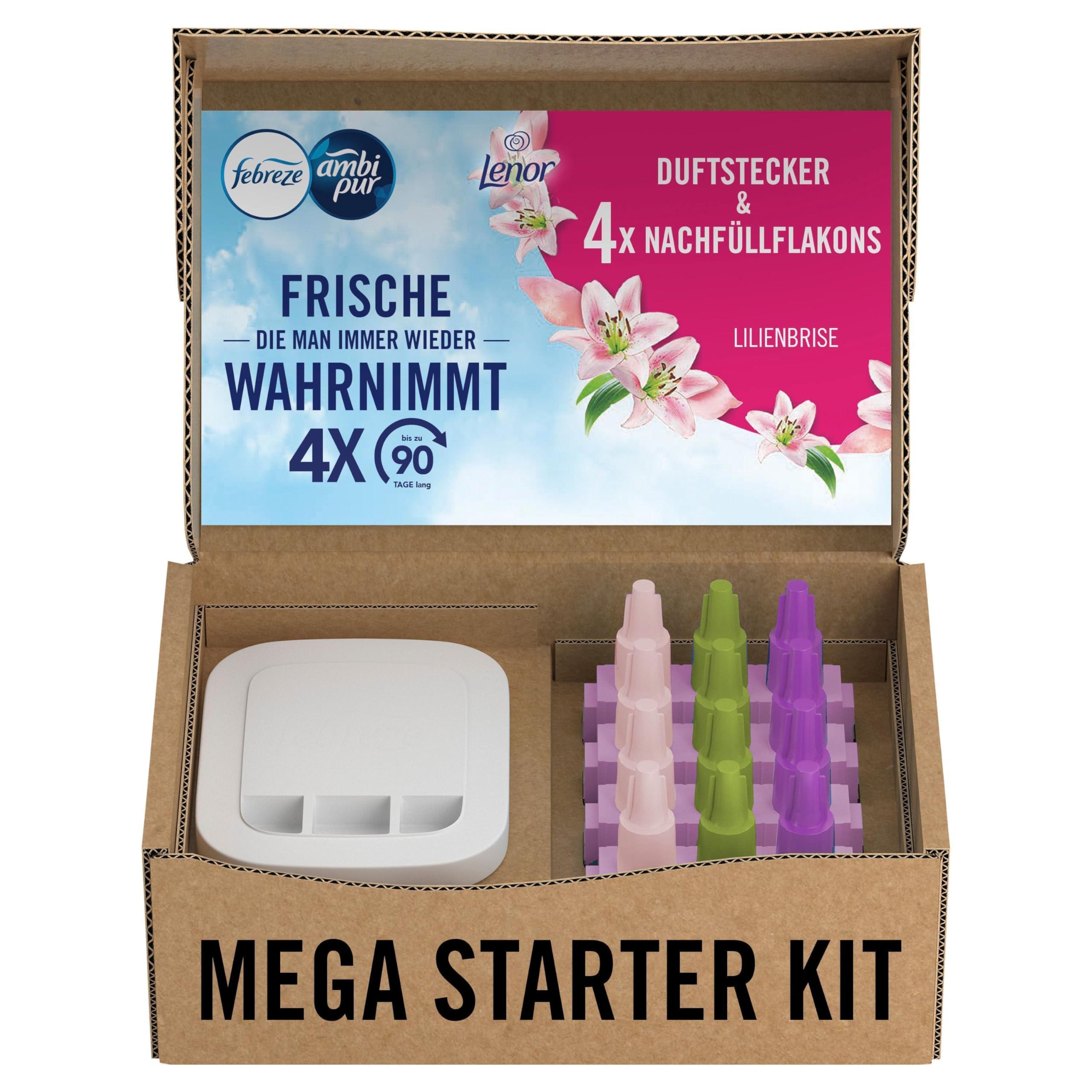 Febreze Programmierbarer Lufterfrischer 3Volution Duftstecker Starter-Kit + 4x Nachfüllflakons Lilienbrise, Elektrischer Raumduft mit 3 Wechselnden Düften Zum Bekämpfen Von Gerüchen