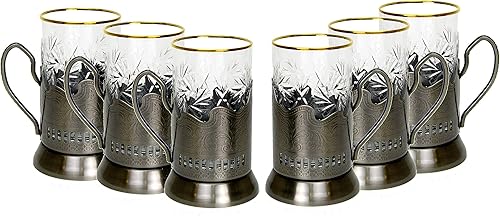 Juego de té ruso de 12 piezas, vasos de cristal templado con bandas de oro de 24 quilates con soportes de vidrio de metal, diseño vintage