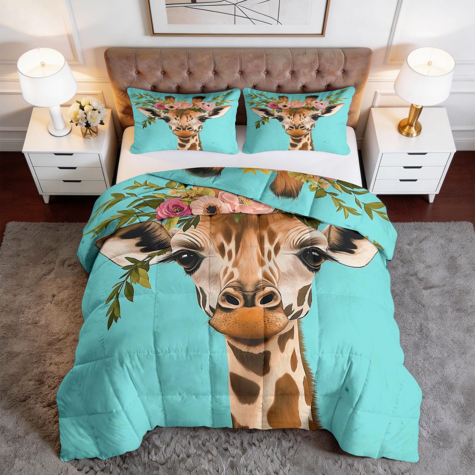 CozyRest Edredon Relleno nordico Cama Infantil Algodón - Jirafa Estilo Bohemio Cama 105 - Bebe rellena Juego de Manta 200x200 cm con Almohada 50 x 75 cm por niños e niñas Turquesa