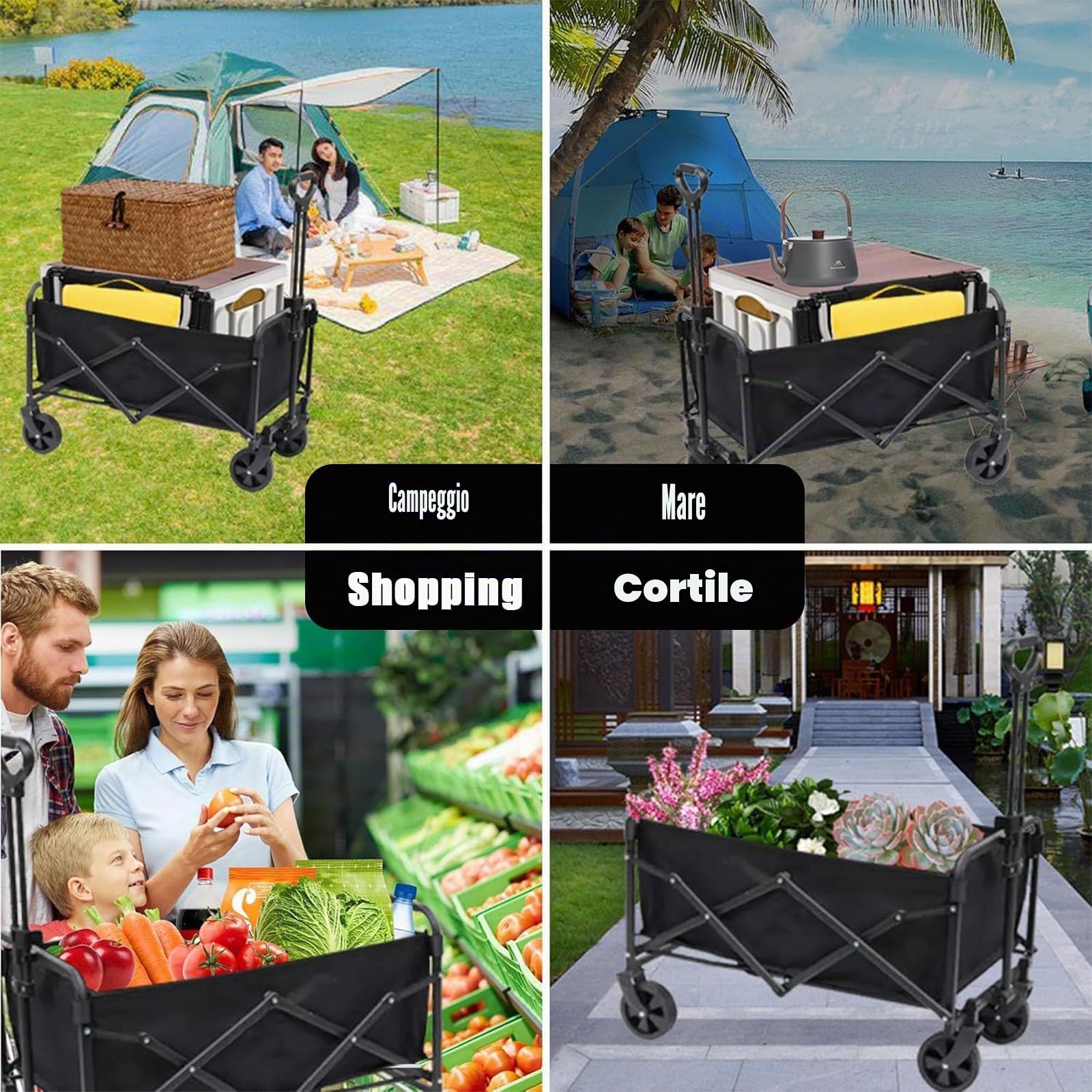 Carrello Pieghevole Carico di 300 Kg, Carrello da Spiaggia e Campeggio con Ruote Grandi, Carrello Trasporto Pesante da Giardino, Carrello Spesa Pieghevole con Maniglia Telescopica