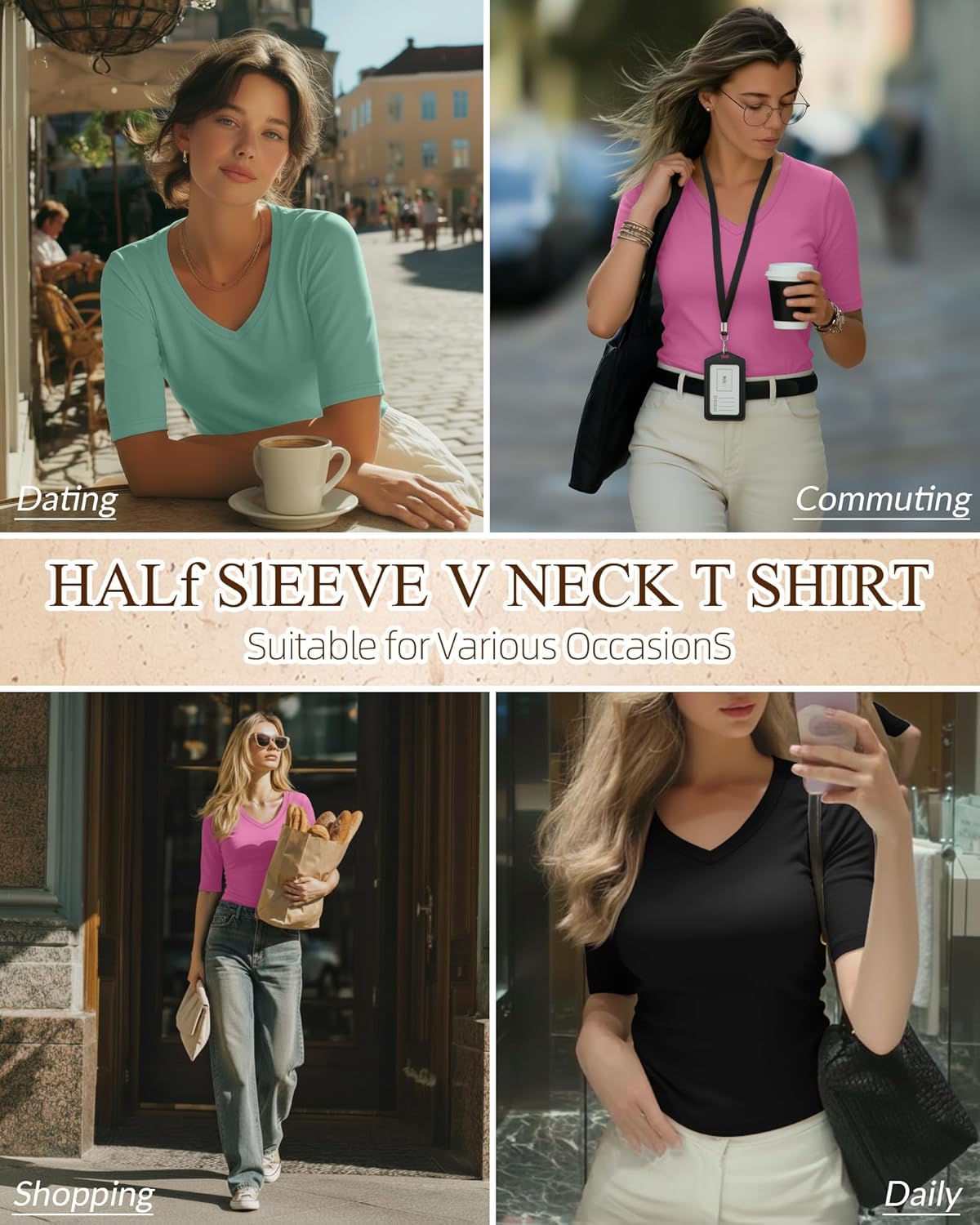 Ficerd 3 Pack Women's Half Sleeve V Neck T Shirts, Cotton Elbow Length Sleeve Shirt Slim Fit Tunic Top Casual Summer Tee(Black, Gray Green, Smoky Pink,Medium) - Image 2