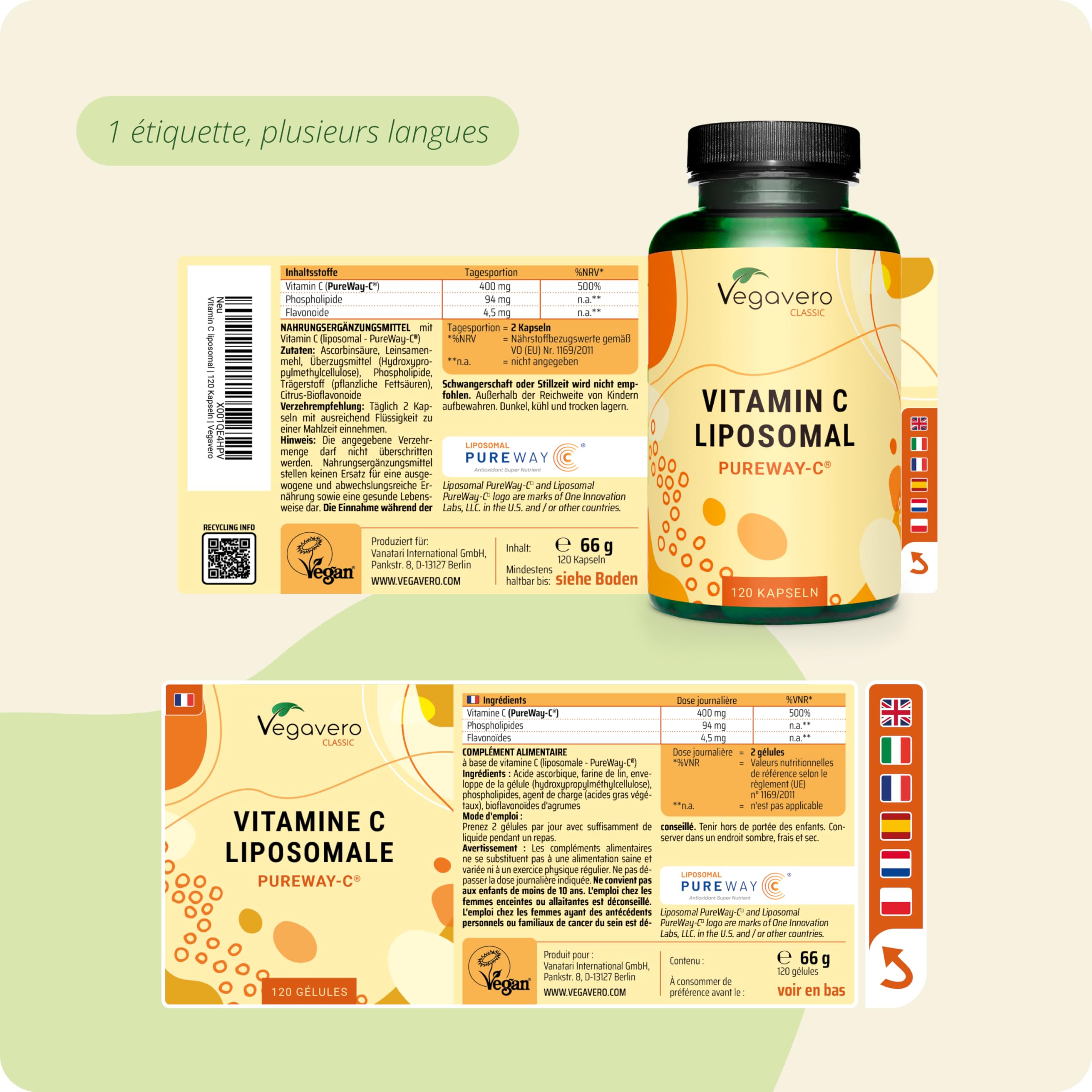 Vitamine C Liposomale | Qualité PREMIUM : PureWay-C® | Hautes Biodisponibilité & Absorption | Défense Immunitaire + Énergie | Sans Additifs & Vegan | 120 Gélules | Vegavero®