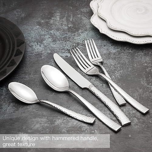 Miniatura 33 de Juego de cubiertos de 20 piezas de cubiertos de acero inoxidable negro con acabado de espejo forjado con mango martillado, servicio para 4 Espejo