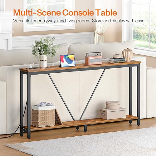 Miniatura 5 de HOOBRO Mesa consola de 63 pulgadas con estación de carga, mesa de sofá extra larga de 2 niveles con soporte en V, para espacio estrecho, mesa de
