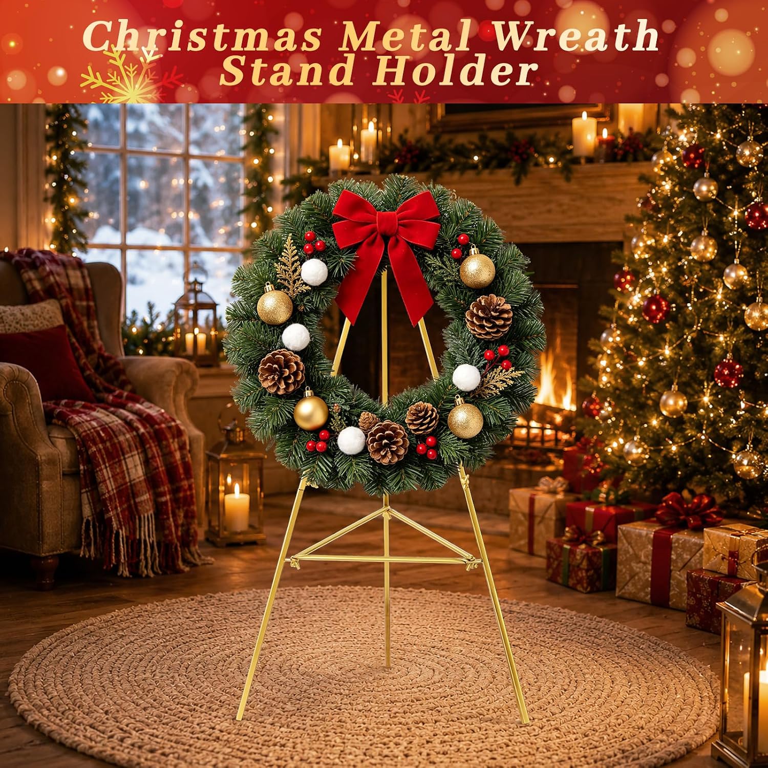 Gold Christmas Metal Wreath Stand for Cemetery,1 Pcs 30 Inch | Easy Assembly Tripod with Hook for Funeral Wreath, Wedding Decor, Detachable, Seasonal Displays for Christmas,Cemetery Decor