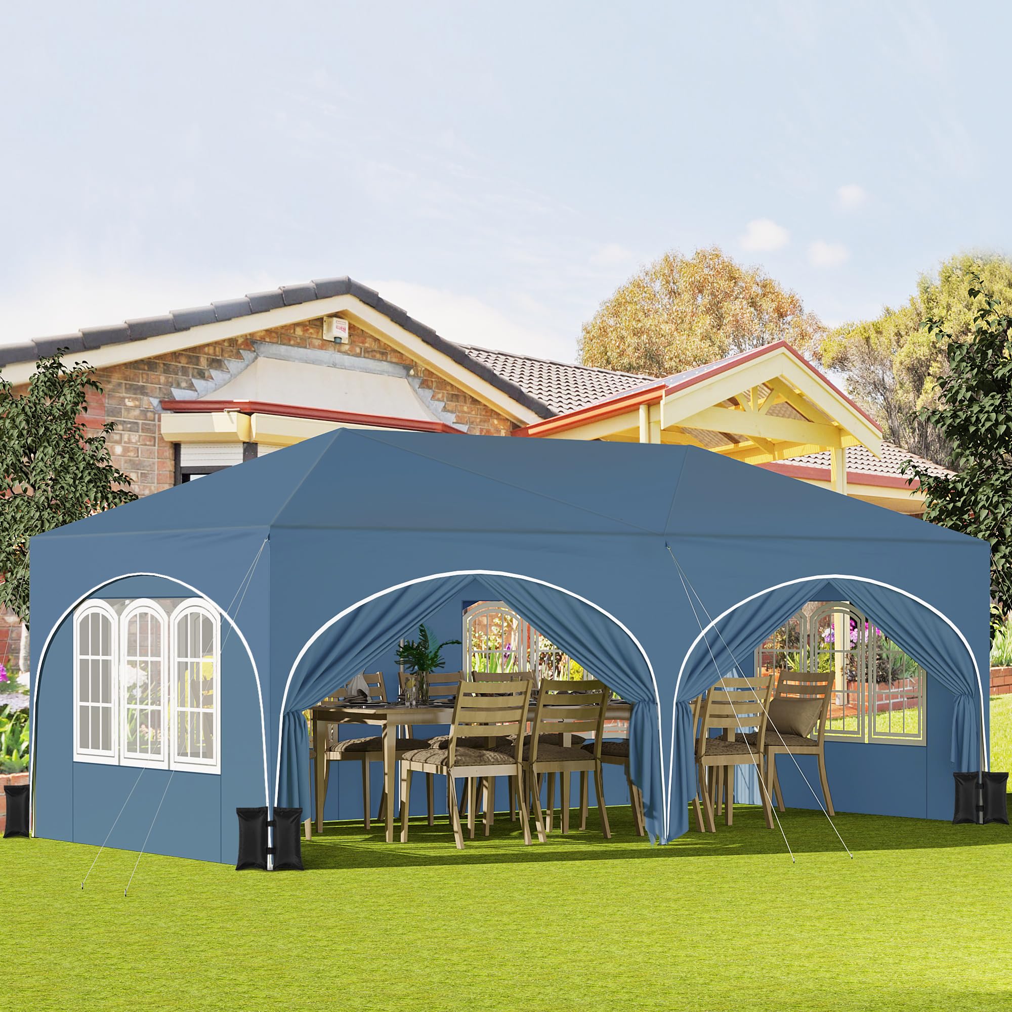 WOLTU Pabellón de Jardín Cenador Plegable Pérgola con Techo Carpa para Exteriores de Tela Oxford 3x6m,con Paredes Laterales, Camping y Playa,4PCS Bolsas de Arena Vacía para Carpas,Azul